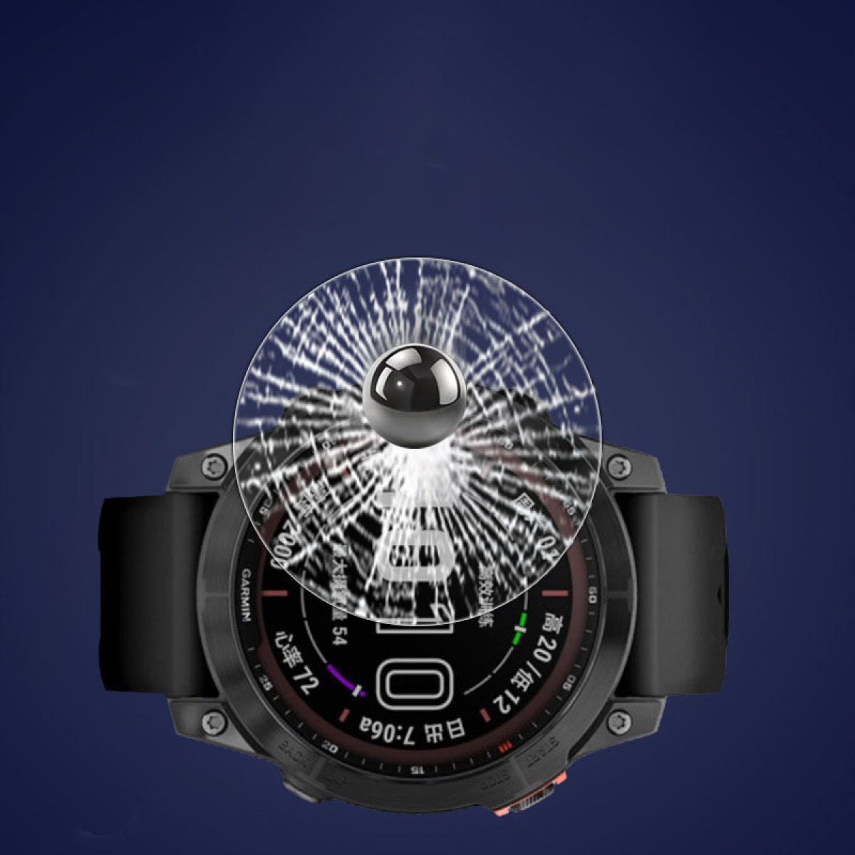 Czarny smartwatch z pękniętą osłoną ekranu, na tle ciemnoniebieskiego gradientu.