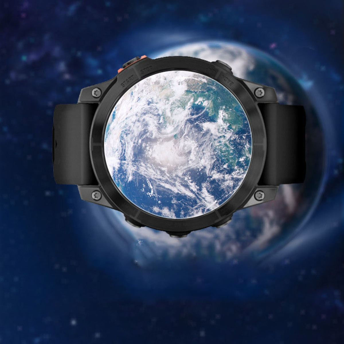Czarny smartwatch z wyświetlaczem Ziemi. Czarny pasek. Ziemia w tle. Przyciski Start/Stop z boku.