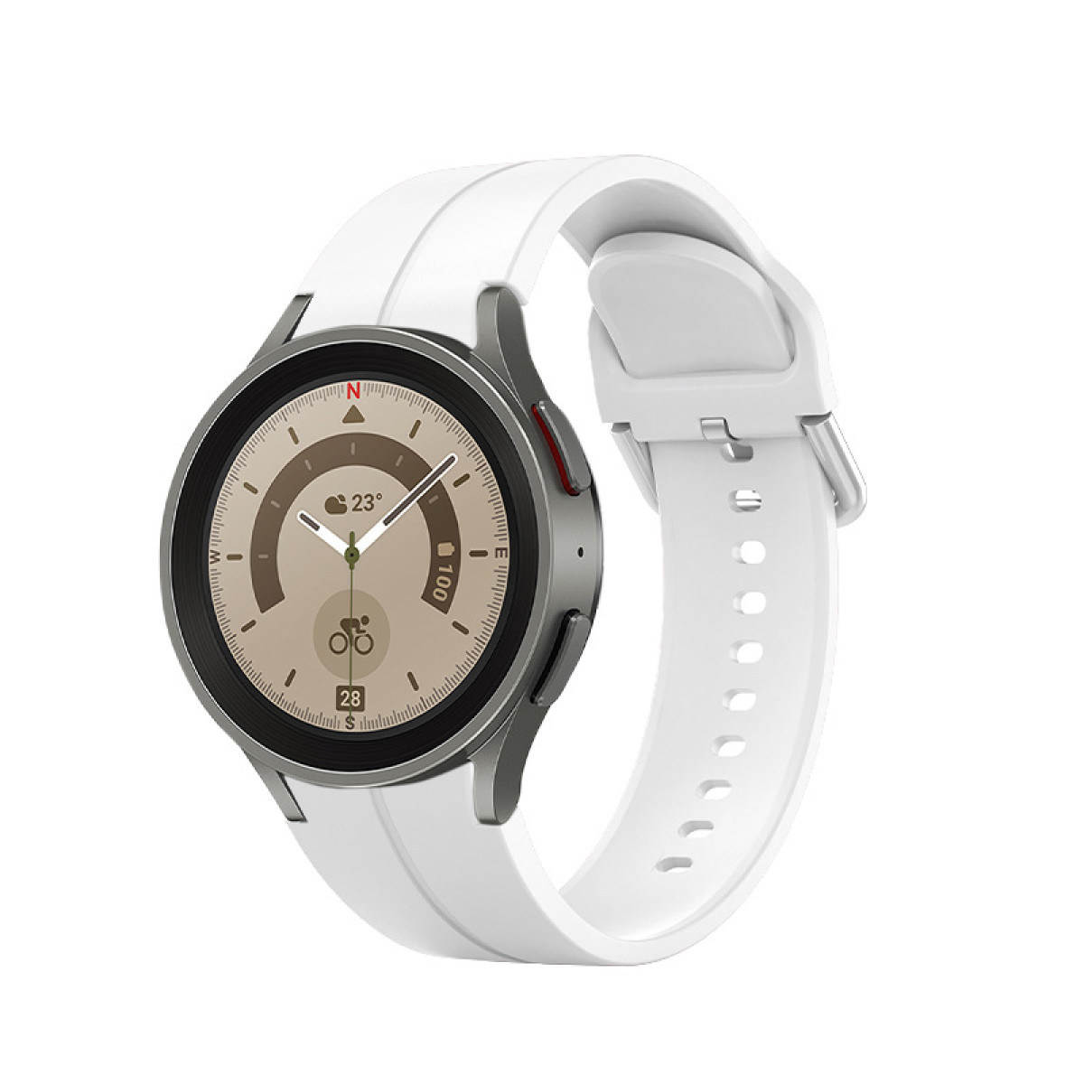 Smartwatch bianco con cinturino bianco. Il quadrante mostra numeri e icone.