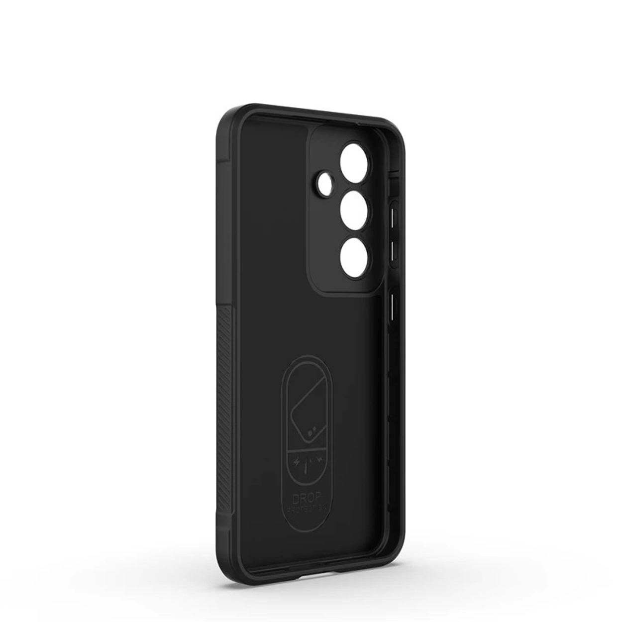 Zwarte telefoonhoes met uitsparing voor cameralenzen. De hoes staat op een witte achtergrond.