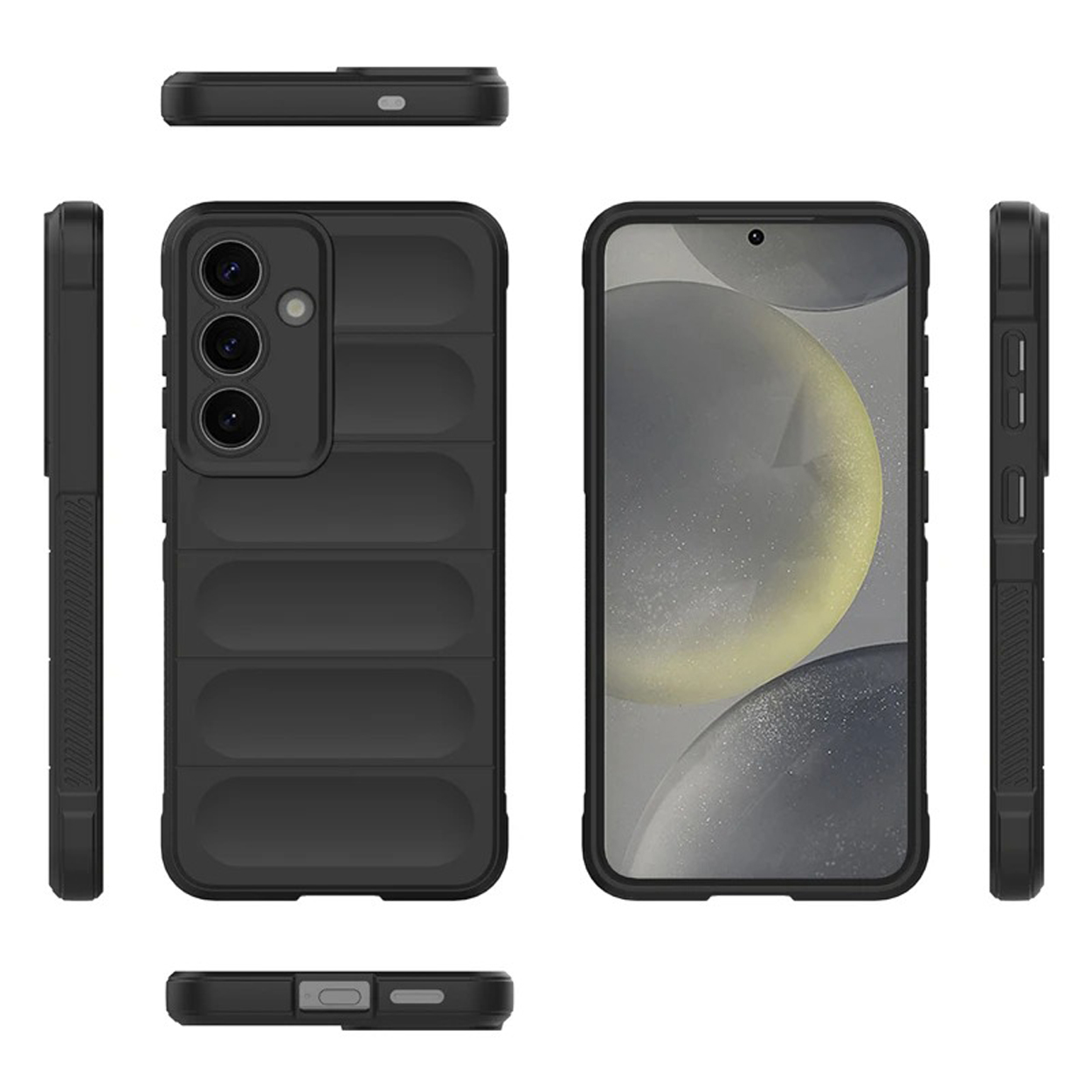 Een zwarte telefoonhoes met een uitsparing voor een drievoudige camera, meerdere weergaven worden weergegeven.