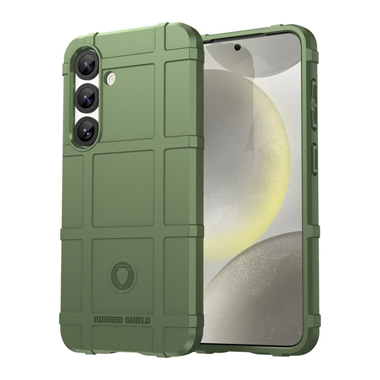 Groene telefoonhoes. Het heeft een rasterontwerp. Telefoonhoes op een gele achtergrond.
