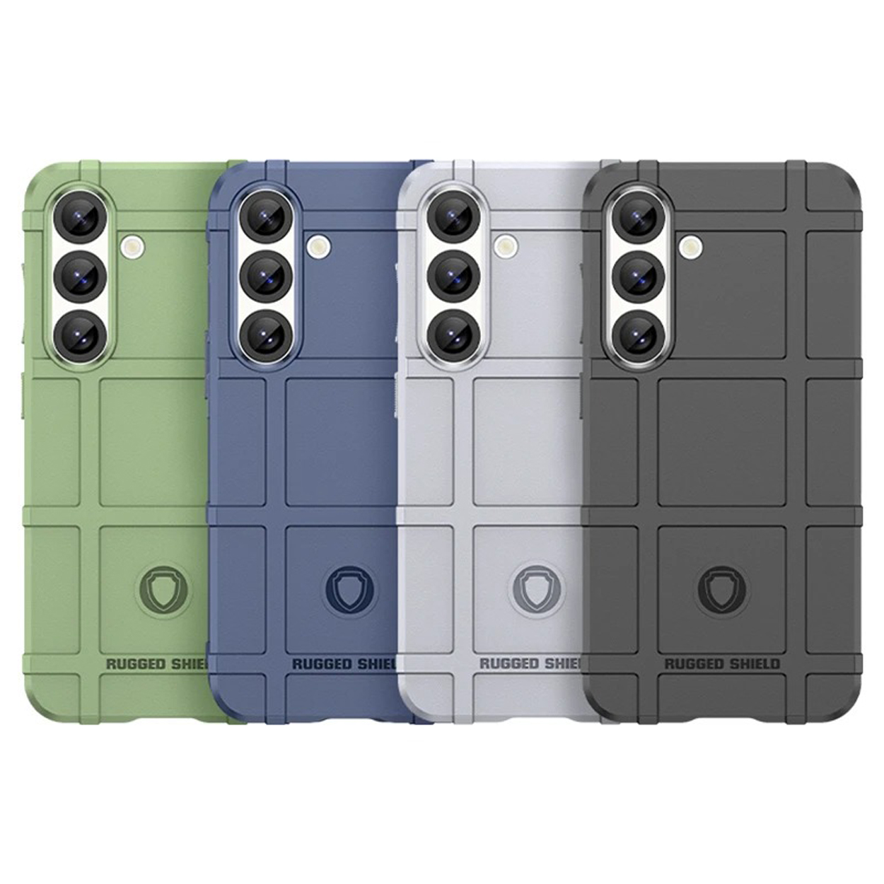 Vier telefoonhoesjes in groen, blauw, wit en grijs, met een rasterpatroon en drie cameraholes.