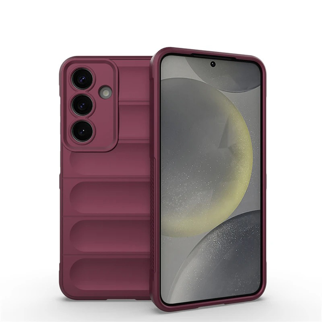 Een bordeauxrode telefoonhoes met een telefoon erin, met camera en scherm naar voren gericht.