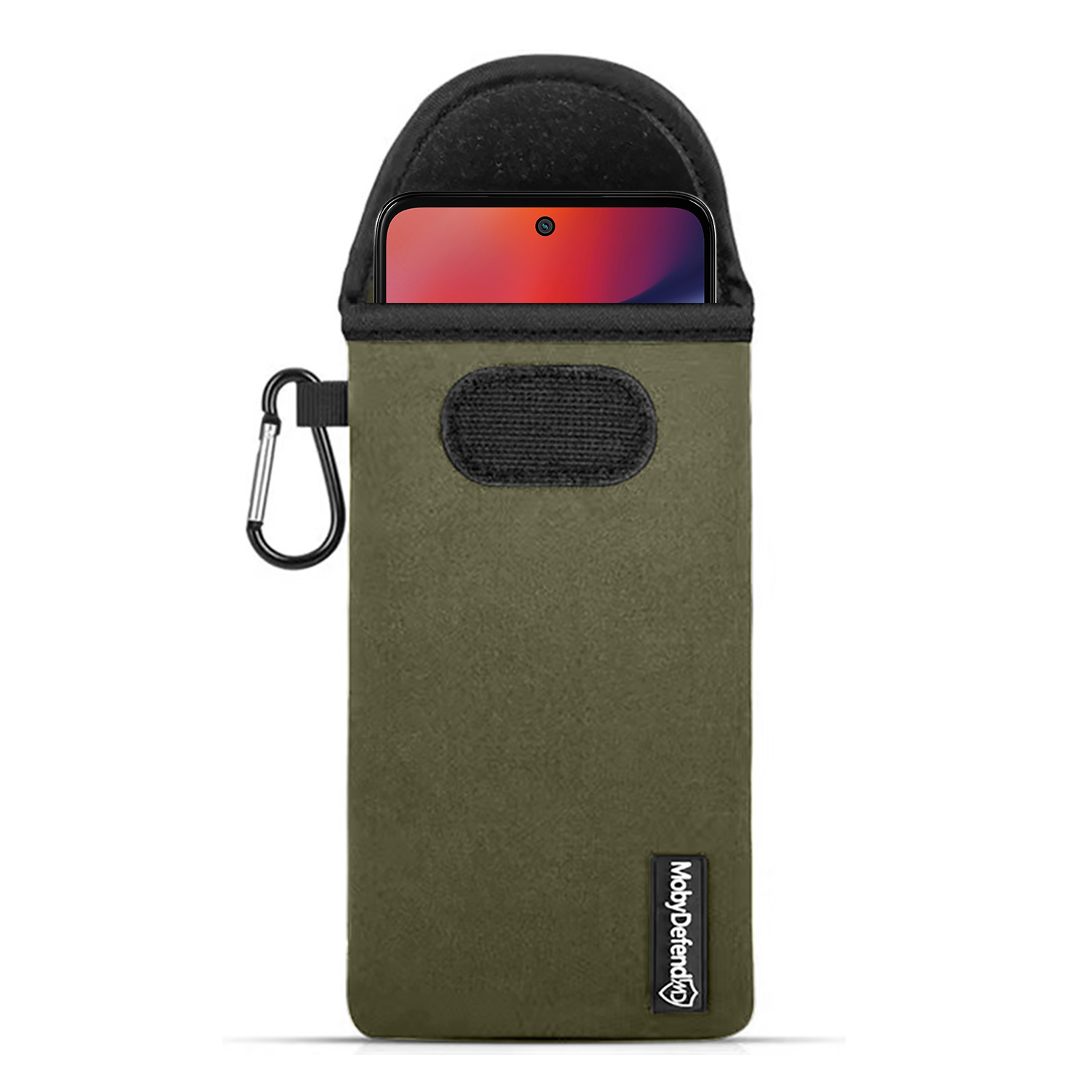 Une housse de téléphone vert olive avec un dessus noir et un mousqueton.