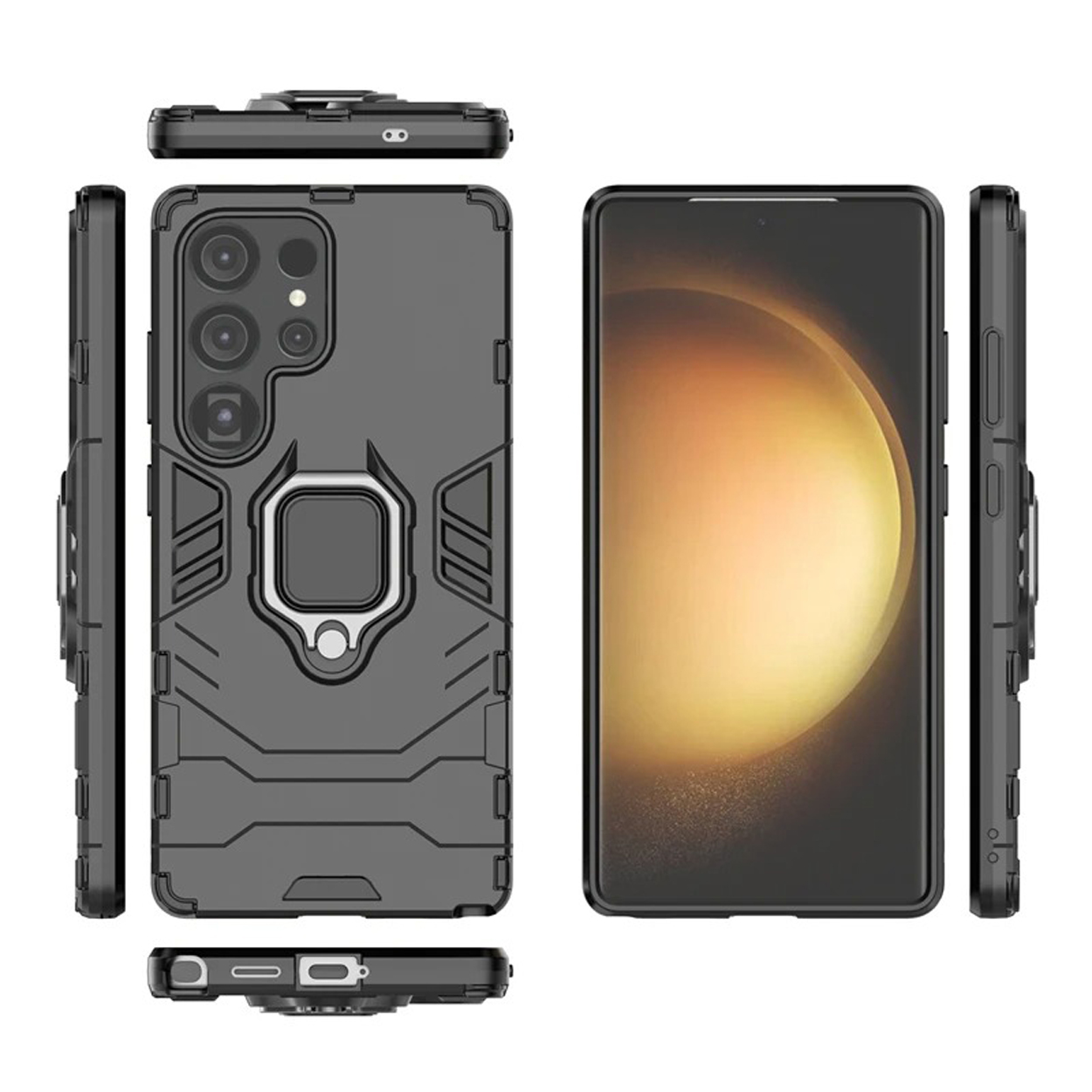 Zwarte telefoonhoes met camera-uitsparing en ringhouder. Telefoon in verschillende aanzichten.