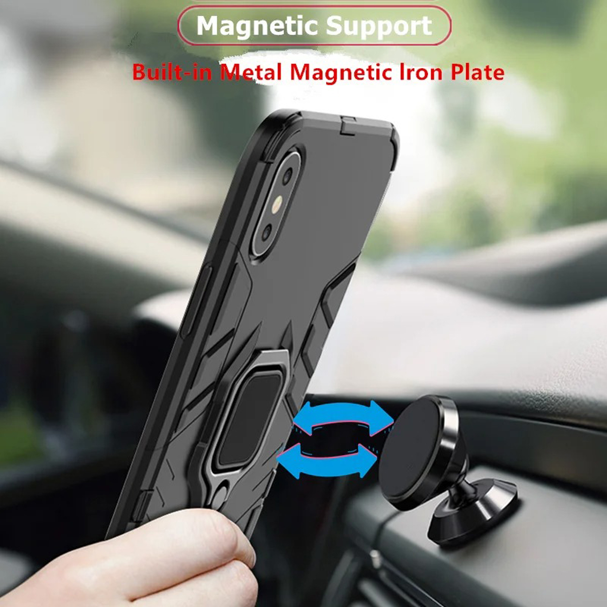 Zwarte telefoonhoes met magnetische steun. De hoes staat naast een magnetische autohouder.