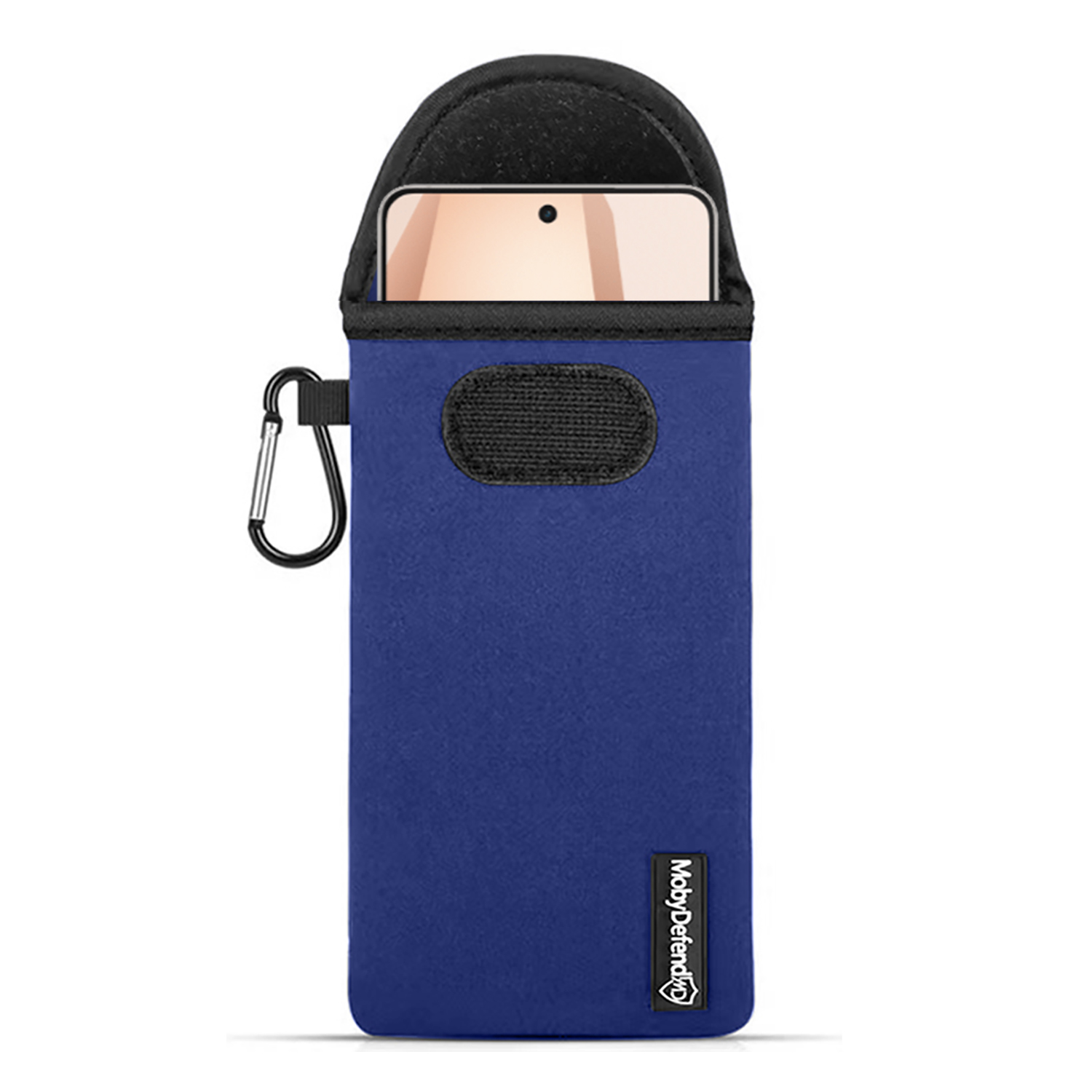Een blauwe telefoonhoes met een telefoon erin. Het heeft een clip en een logo.