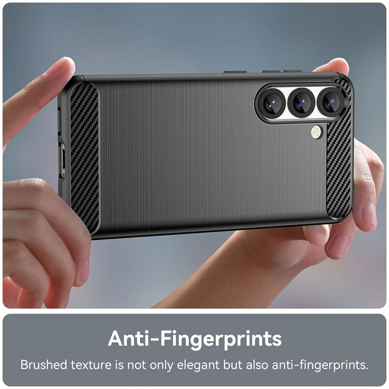 Coque de téléphone gris foncé avec texture brossée. Texte: Anti-Empreintes.