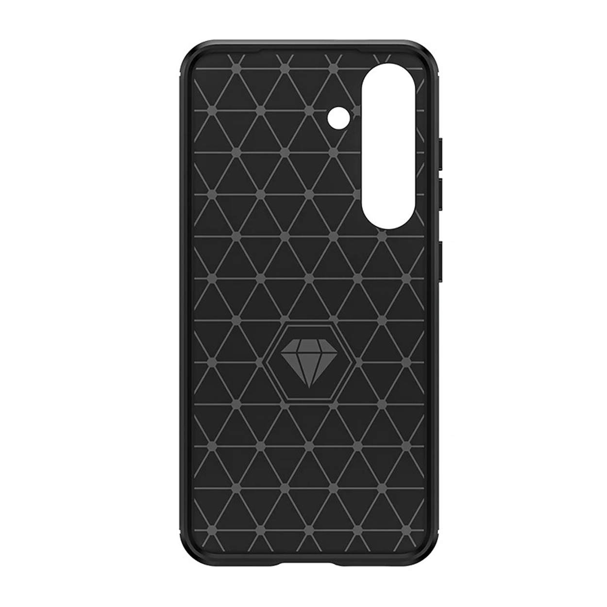 Coque de téléphone noire avec motif diamant, découpes pour caméra et boutons, et un logo.