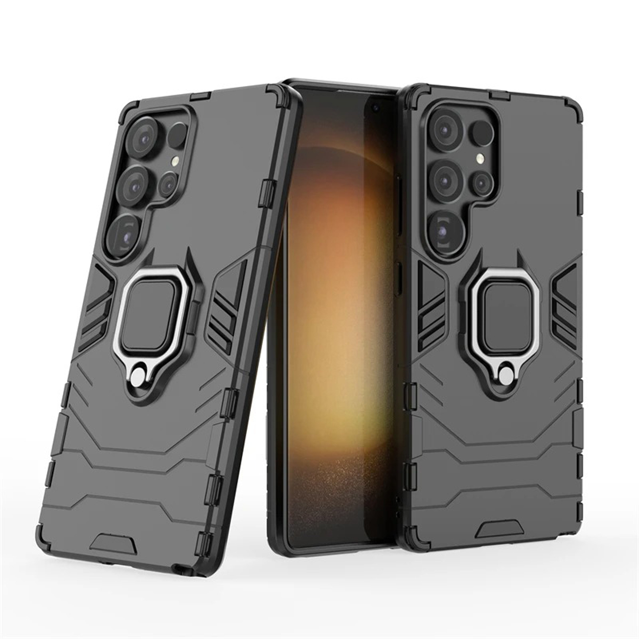 Twee zwarte telefoonhoesjes met ringhouder, grijze en zwarte accenten.