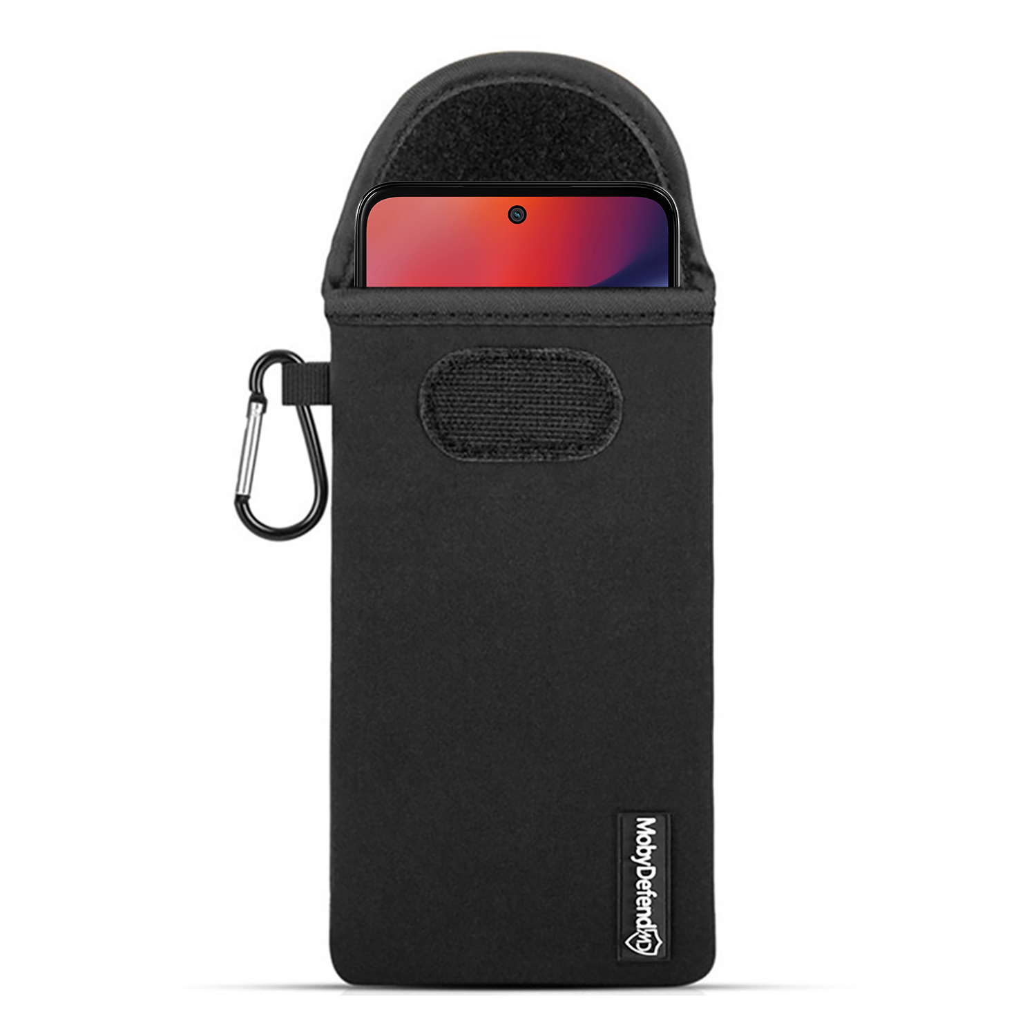 Een zwarte telefoonhoes met een telefoon erin. Het heeft een clip en een logo.