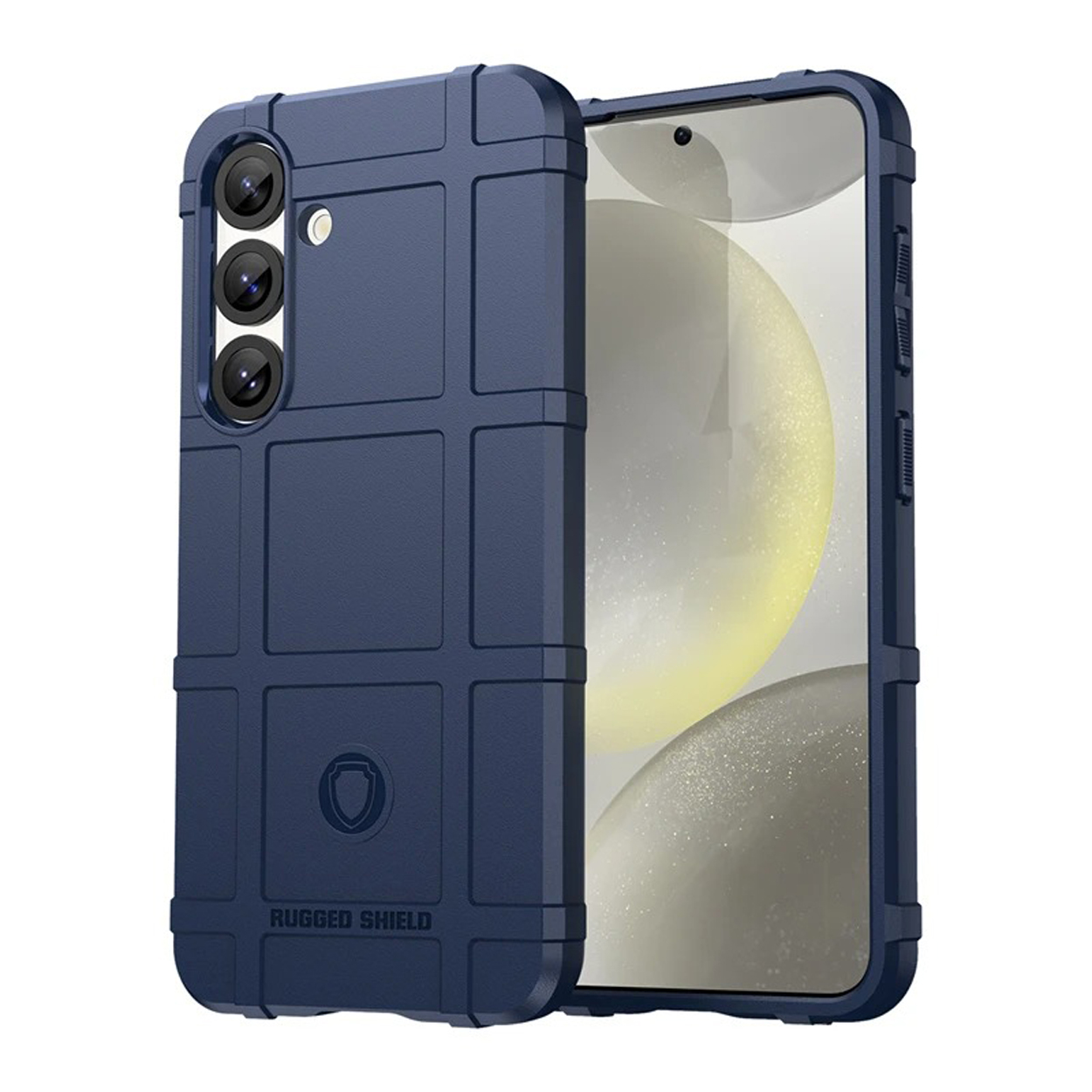 Coque de téléphone bleue avec un motif quadrillé, protégeant un téléphone. Trois caméras sont visibles.