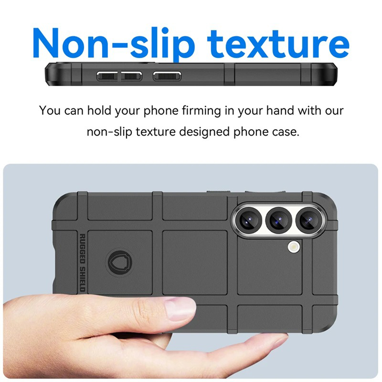 Een hand die een grijs telefoonhoesje met een rasterpatroon vasthoudt, met tekst over antisliptextuur.