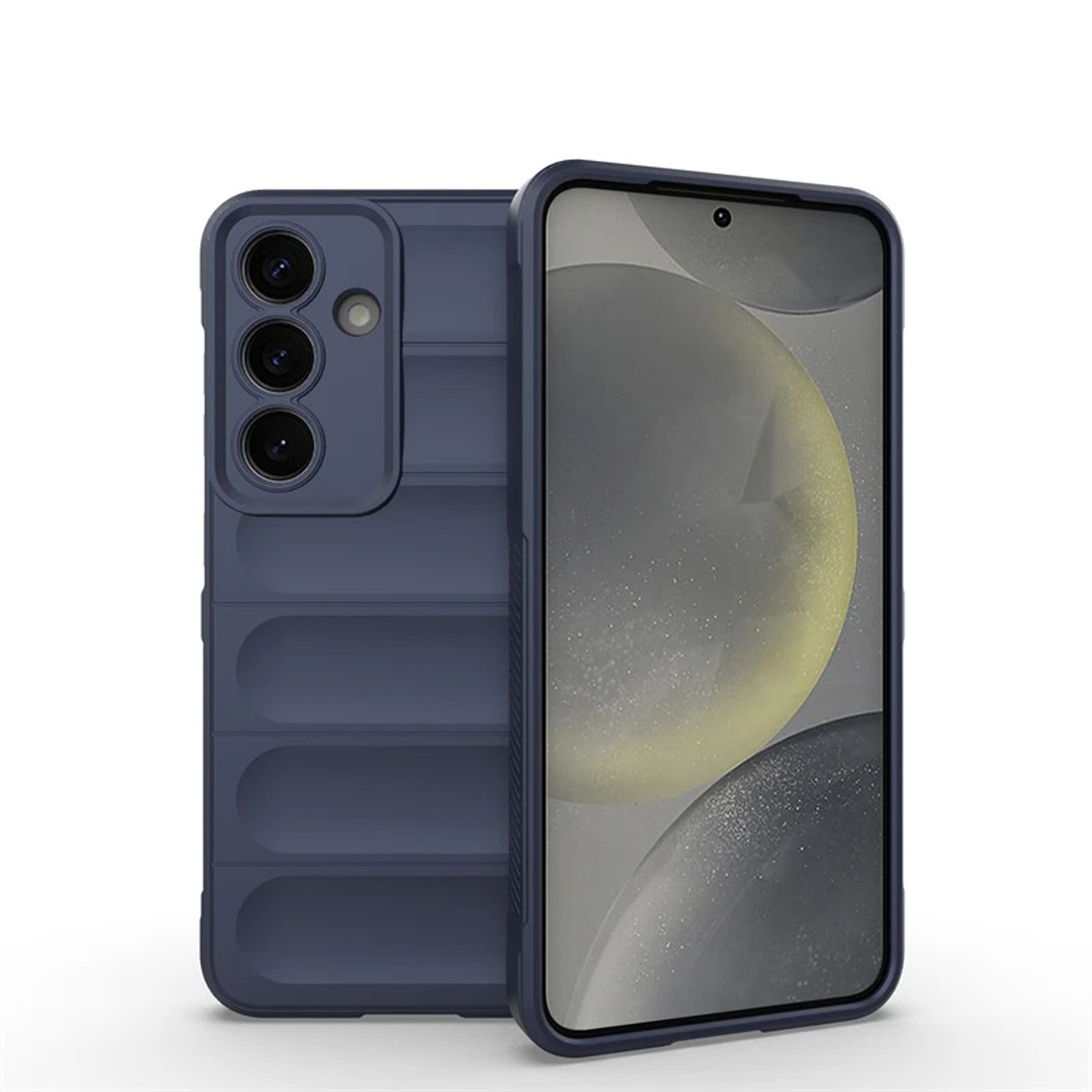 Een marineblauwe telefoonhoes met een telefoon erin, met camera en scherm naar voren gericht.