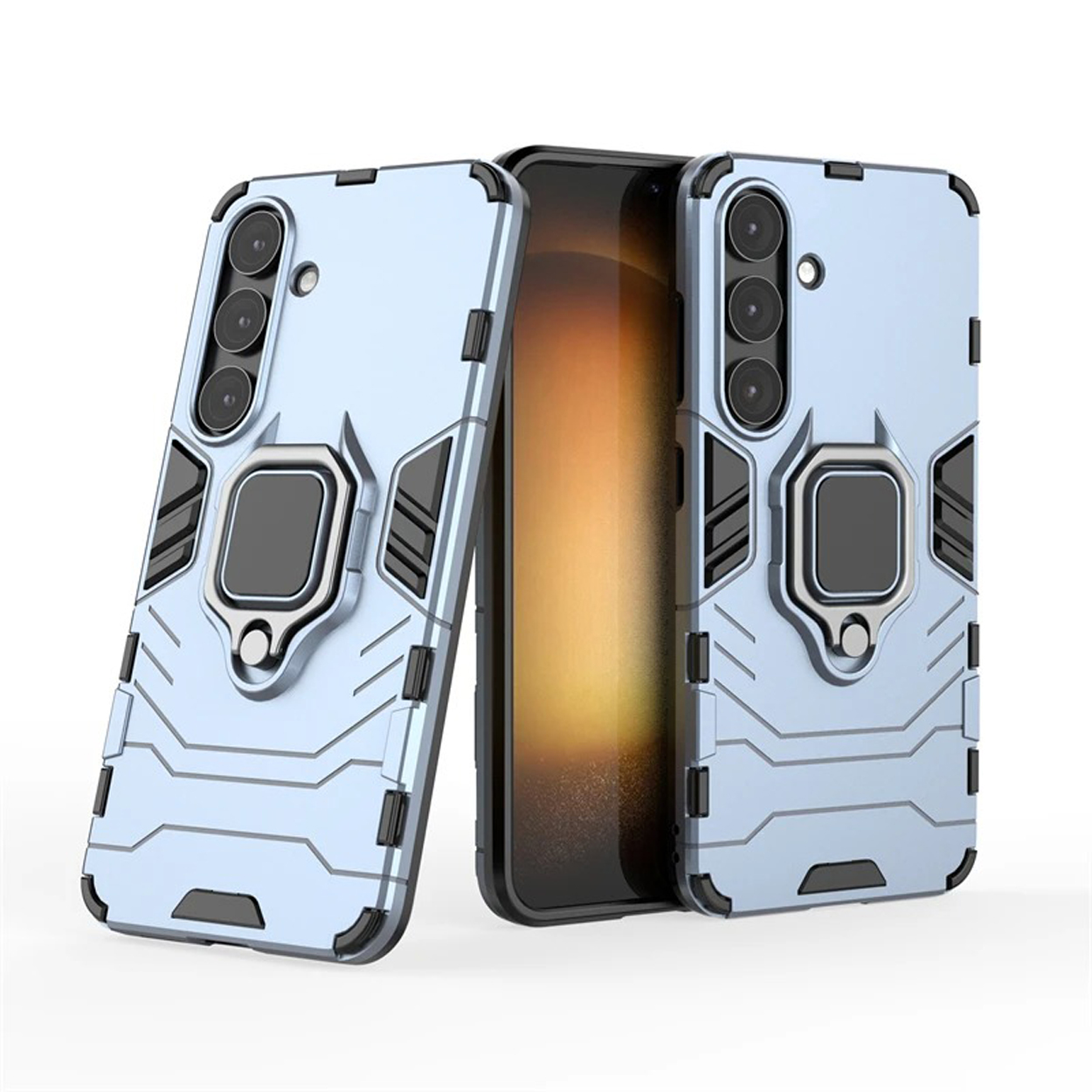 Lichtblauwe telefoonhoesjes met ringhouders. Witte achtergrond.