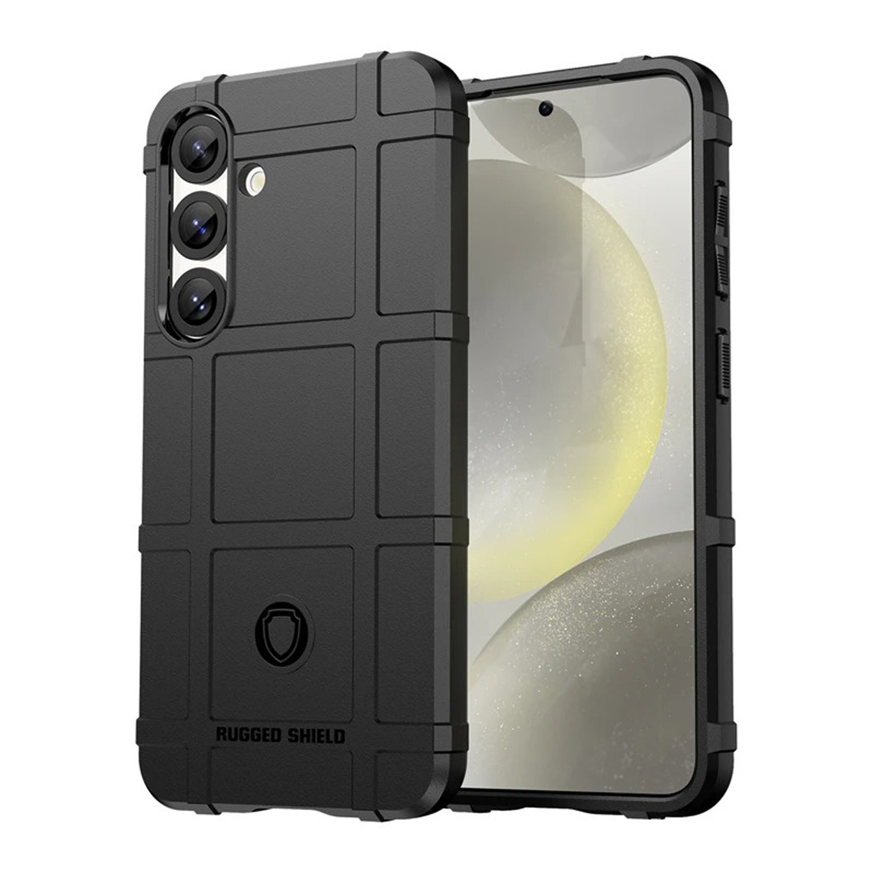 Coque de téléphone noire avec design robuste, trois caméras arrière et les mots 'RUGGED SHIELD'.