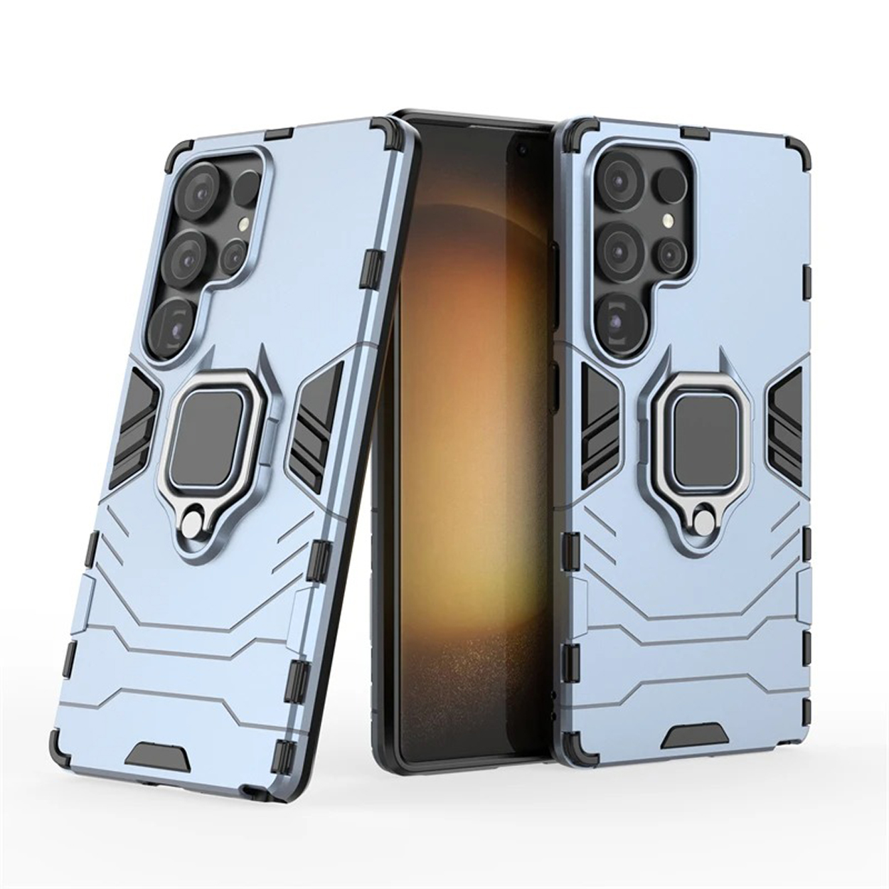 Telefoonhoesjes in lichtblauw. De case heeft een ringhouder en camerabescherming.