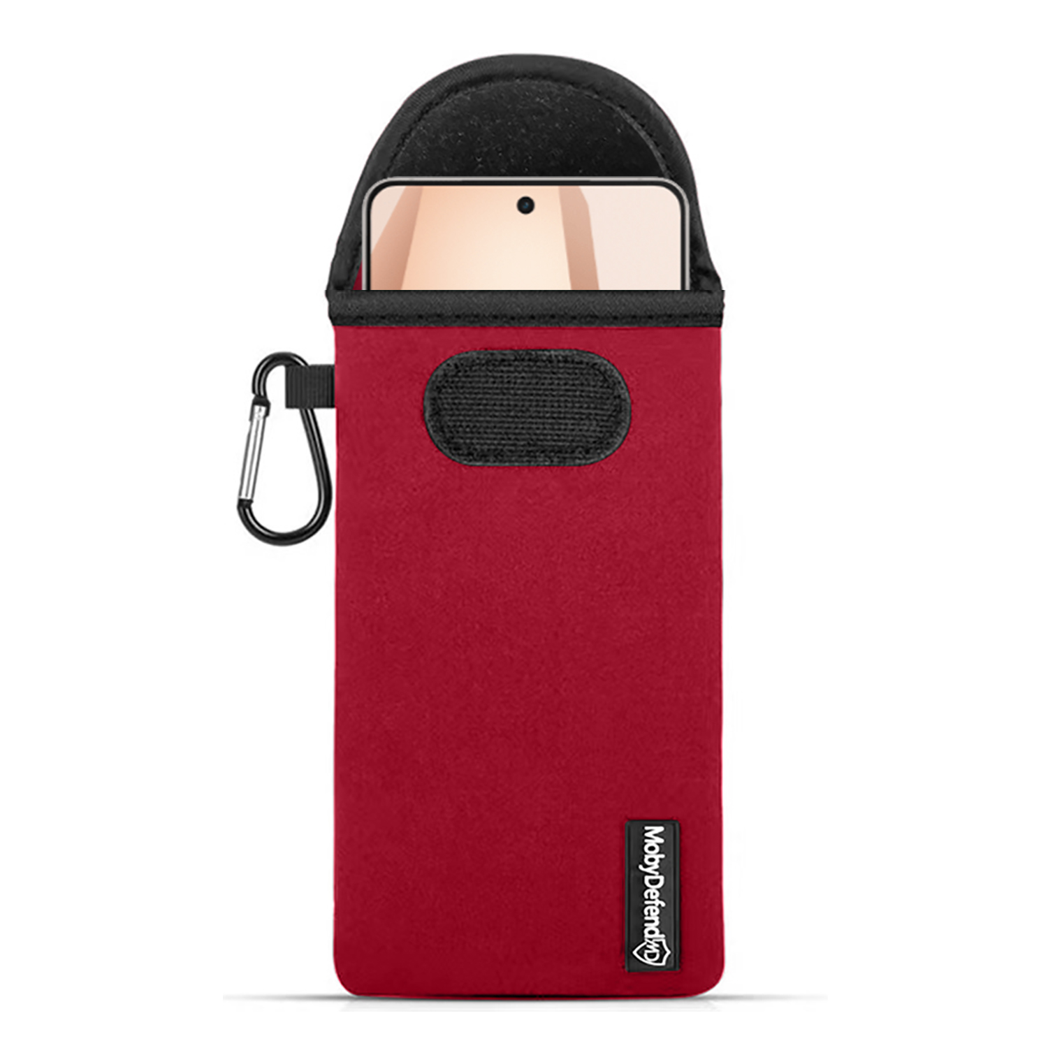 Een rode telefoonsleeve met zwarte rand en een karabijnhaak.