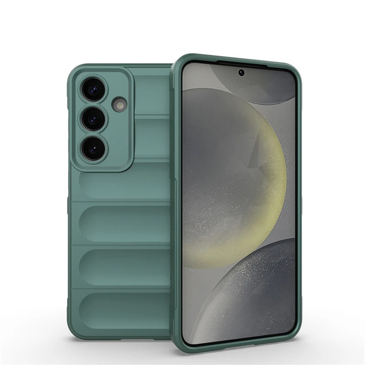 Groene telefoonhoes, met de achterkant met camera-uitsparingen, op witte achtergrond.