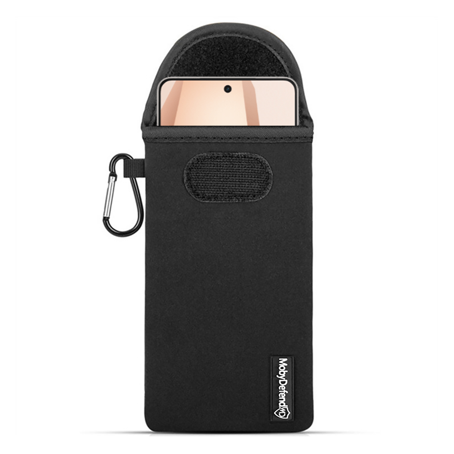 Zwarte telefoonzak met gedeeltelijk ingevoegde telefoon, karabijnhaak zichtbaar.