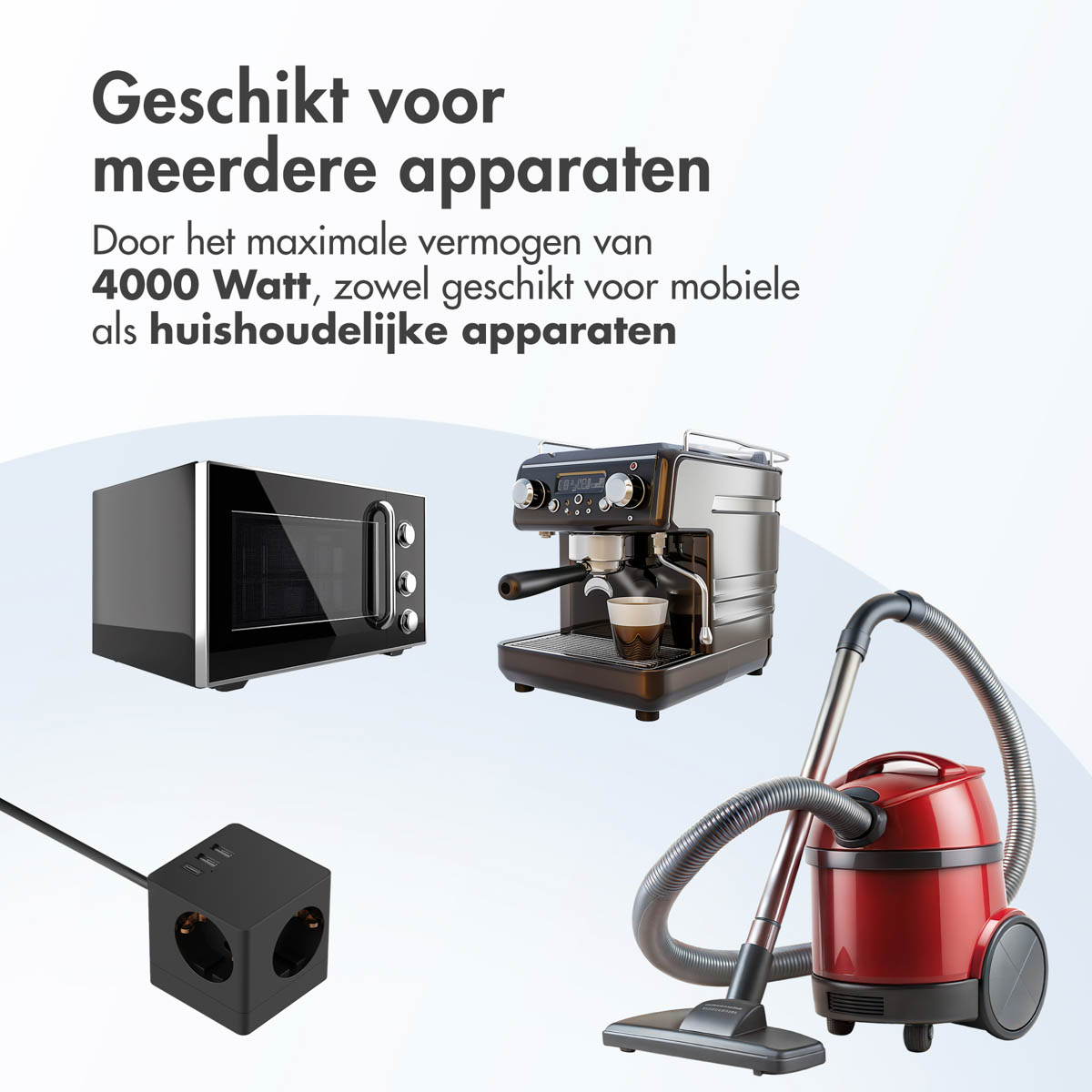 Magnetron, koffiemachine en stofzuiger op witte achtergrond. Zwarte stekkerdoos linksonder.