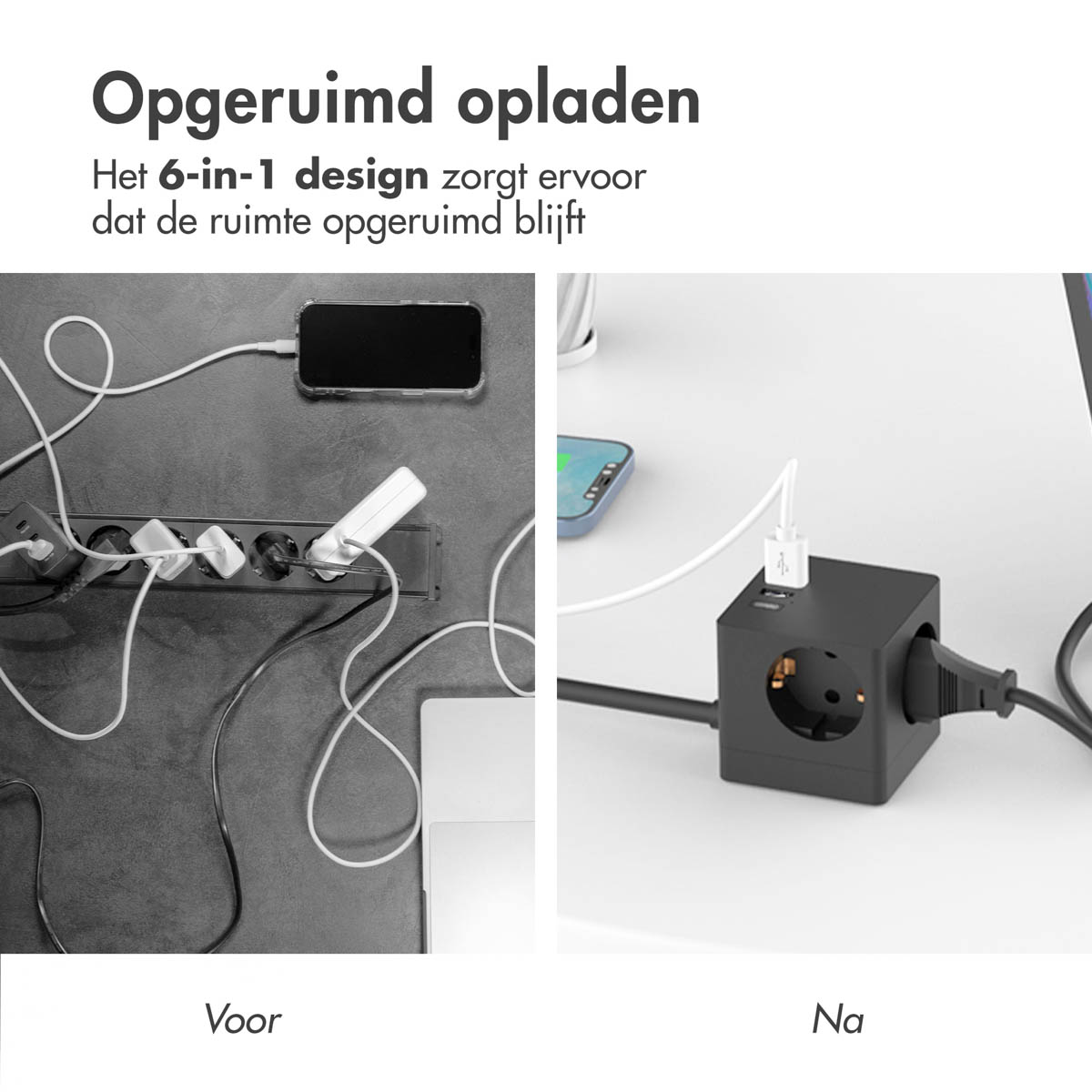 Een voor-en-na-vergelijking van een oplaadstation. Links is rommel, rechts is netjes.