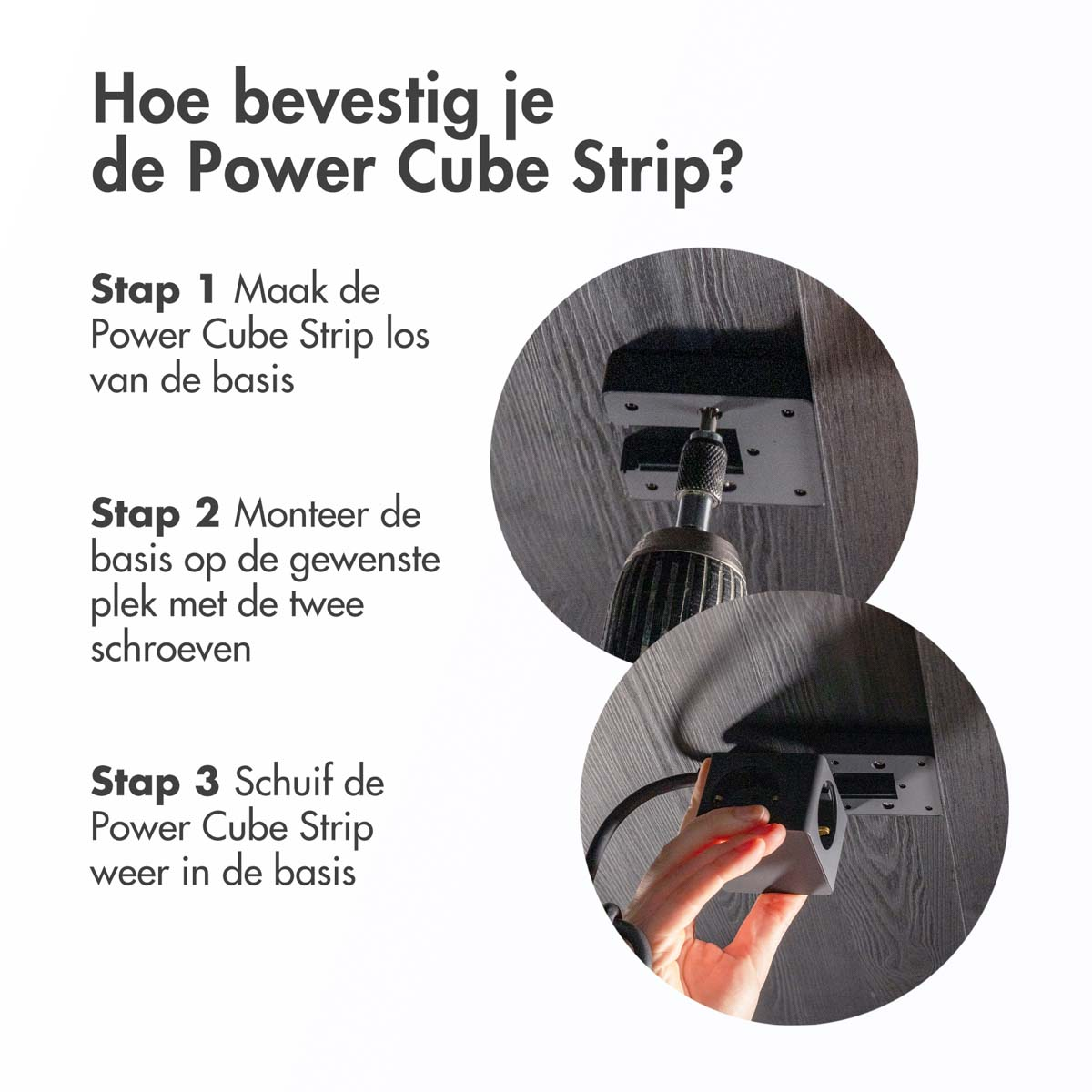 Instructies voor het monteren van een Power Cube Strip, met stappen en afbeeldingen.