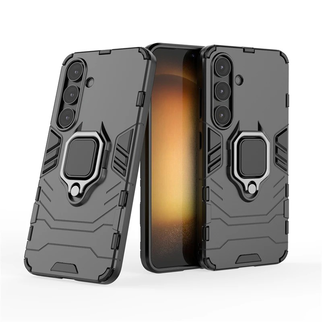 Grijze telefoonhoesjes met ringhouder. Telefoon is zichtbaar in het midden.