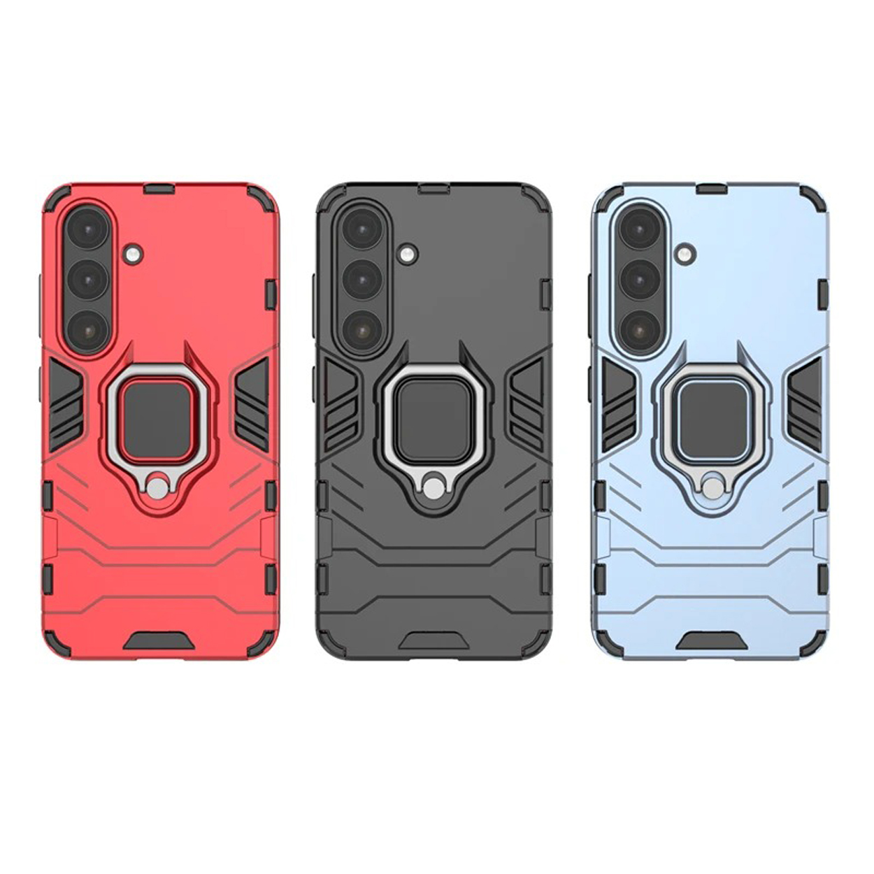Drie telefoonhoesjes, rood, zwart en blauw, met een ringhouder op elk.