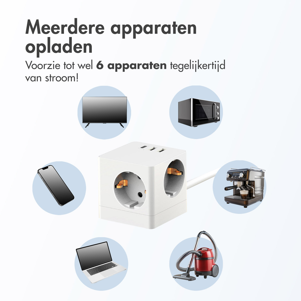 Witte stekkerdoos met diverse apparaten: tv, magnetron, telefoon, laptop, stofzuiger, koffiezetapparaat.