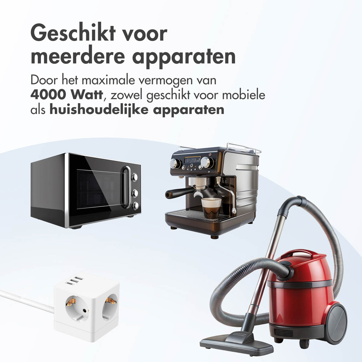 Magnetron, koffiezetapparaat en stofzuiger naast een stekkerdoos. Witte achtergrond.