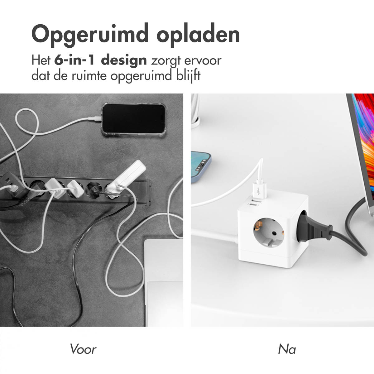 Een telefoon, laptop en meerdere opladers. Eén kant toont een rommel, de andere een nette.