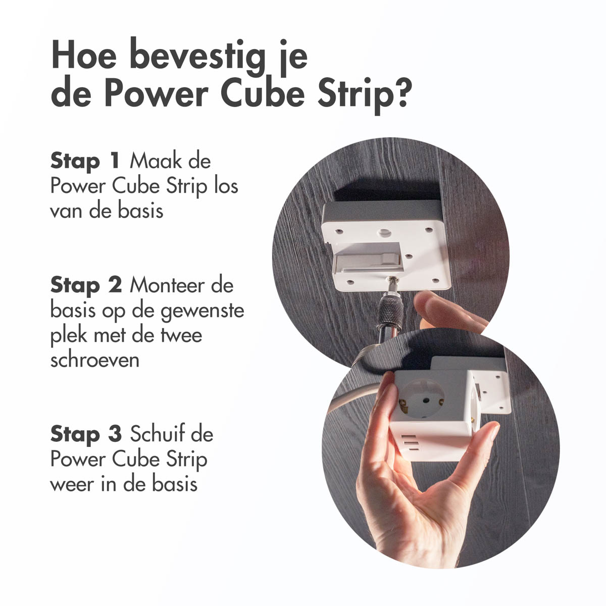Instructies voor het monteren van een Power Cube Strip, met stappen en afbeeldingen.