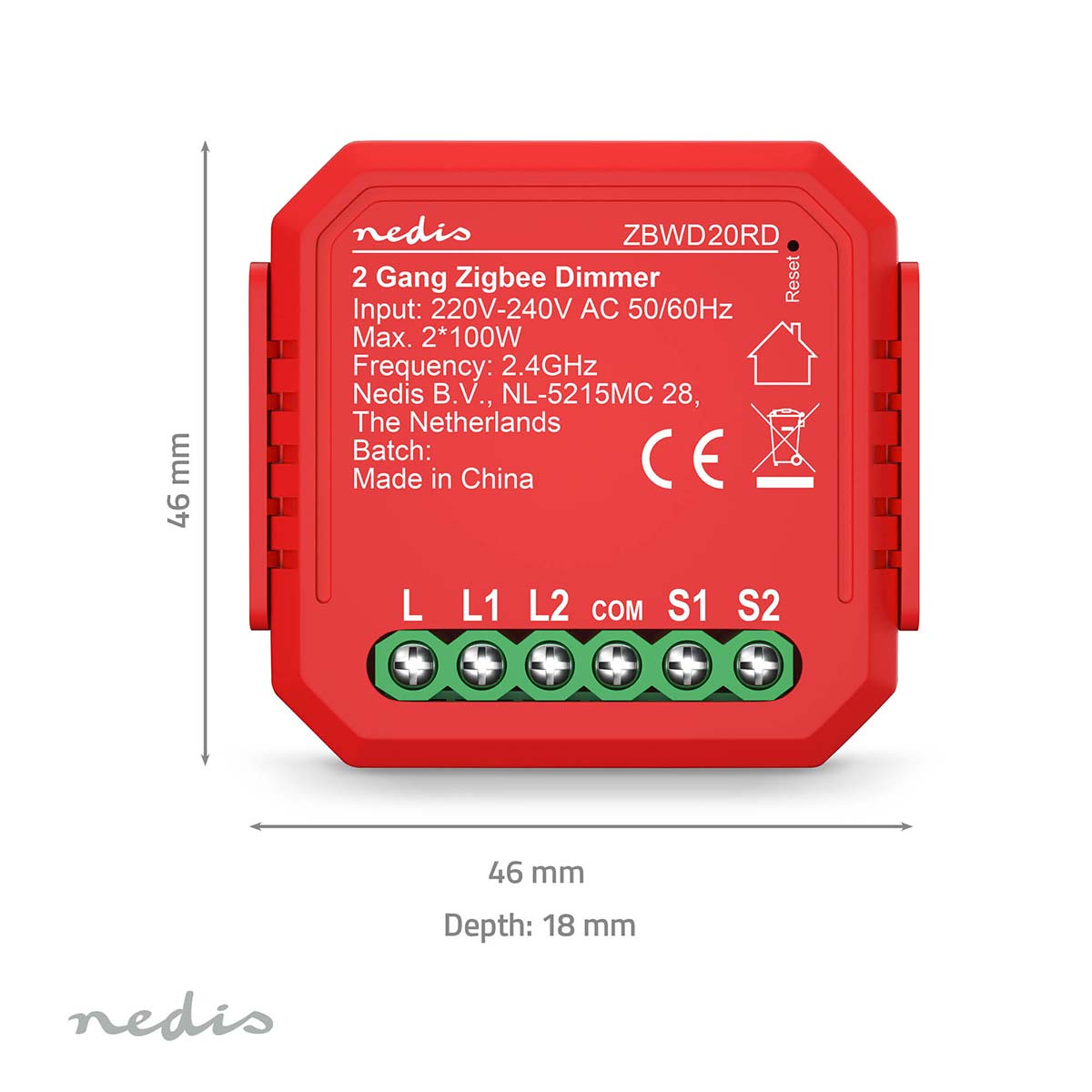 Rood, vierkant elektronisch component met afmetingen en tekst, witte achtergrond.