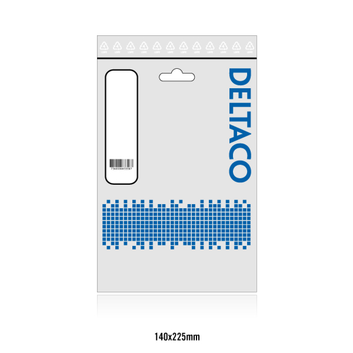 Weiße und blaue Deltaco-Verpackung. Enthält einen Barcode und den Text 'DELTACO'.