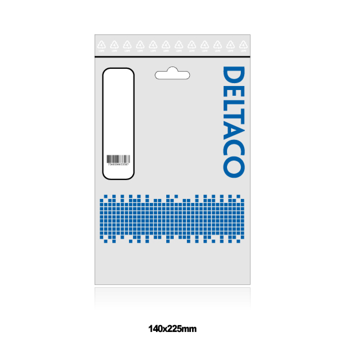 Deltaco-Paket, Barcode sichtbar, mit blauem Rasterdesign.