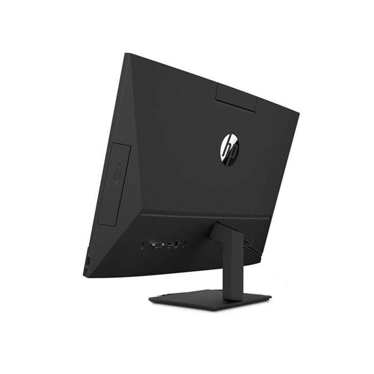 Czarny komputer HP all-in-one. Widok z tyłu pokazuje porty i logo HP.