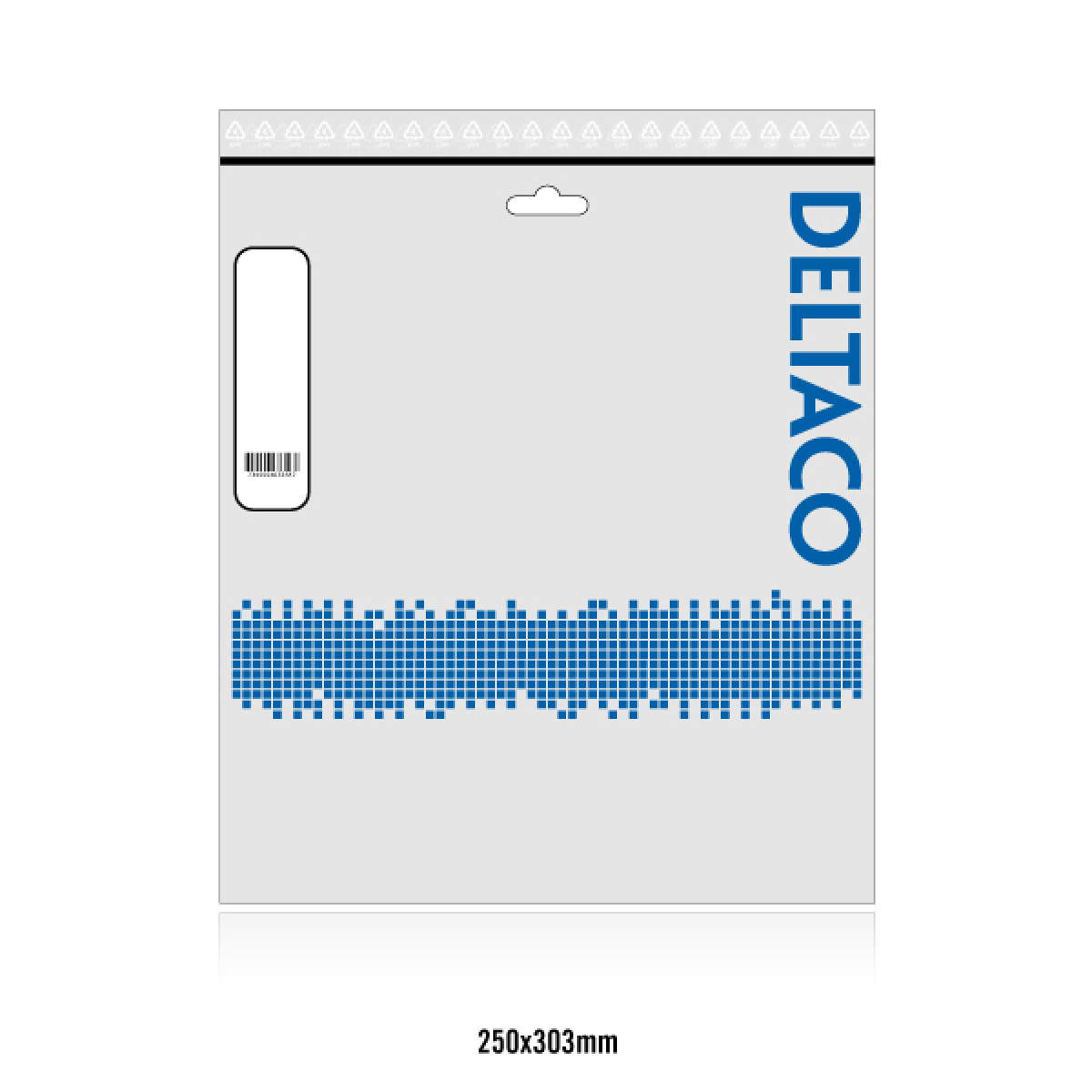 Eine Packung DELTACO-Plastiktüten mit Barcode und Etikett.