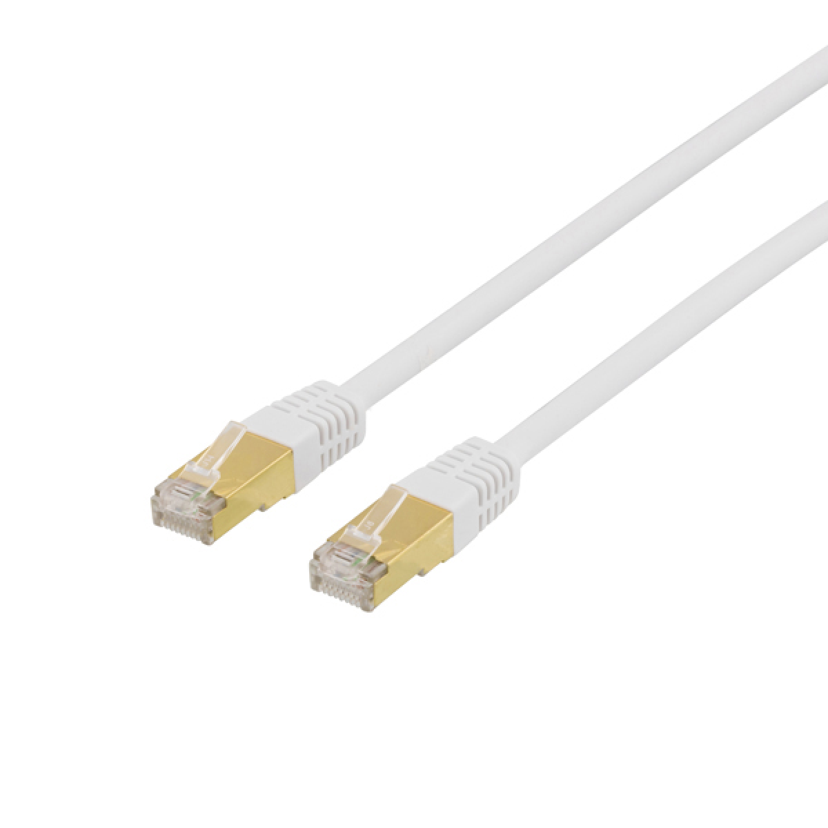 Due cavi ethernet bianchi con connettori dorati, uno accanto all'altro su sfondo bianco.