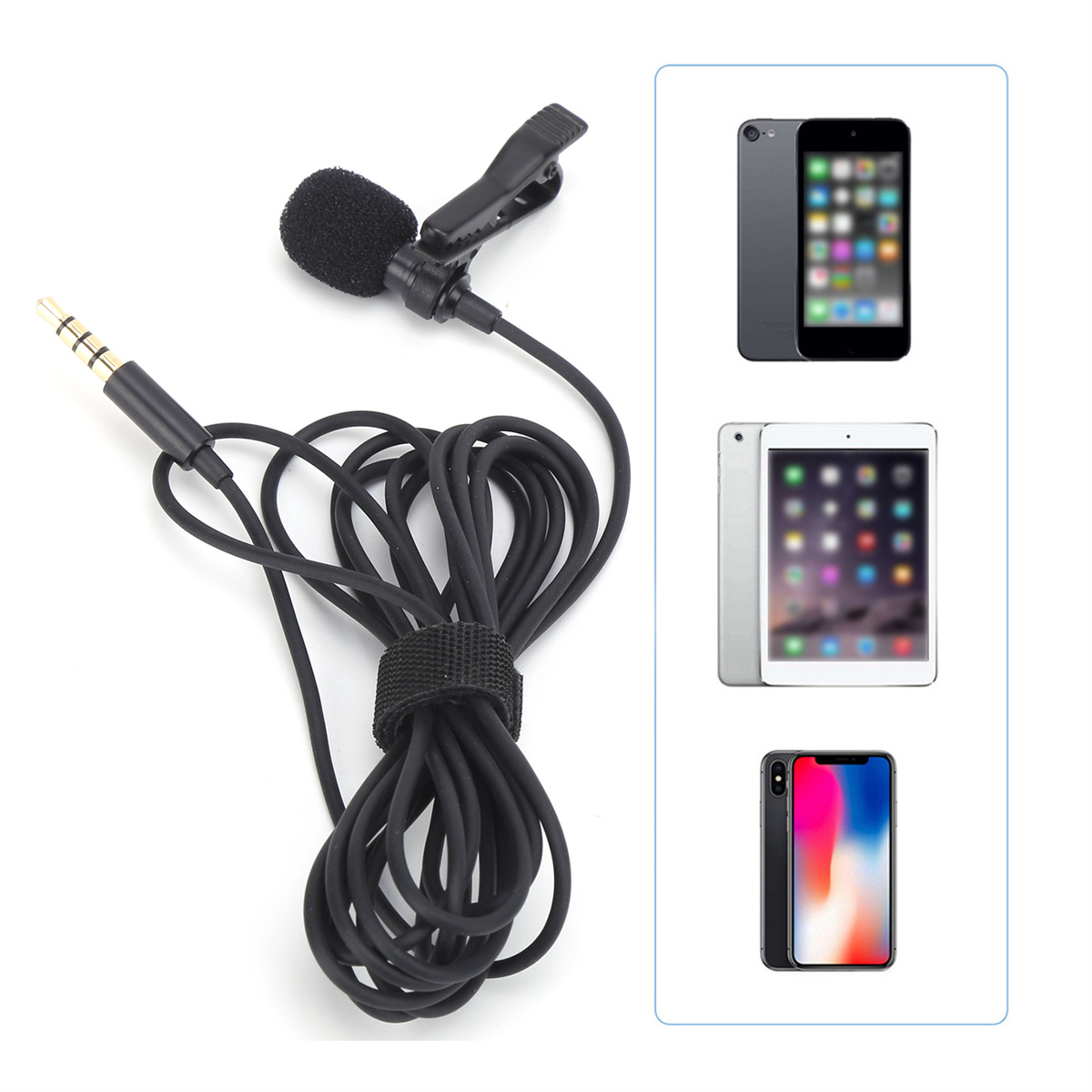 Ein Ansteckmikrofon mit Schaumstoff-Windschutz, Kabel und Mobilgeräten.