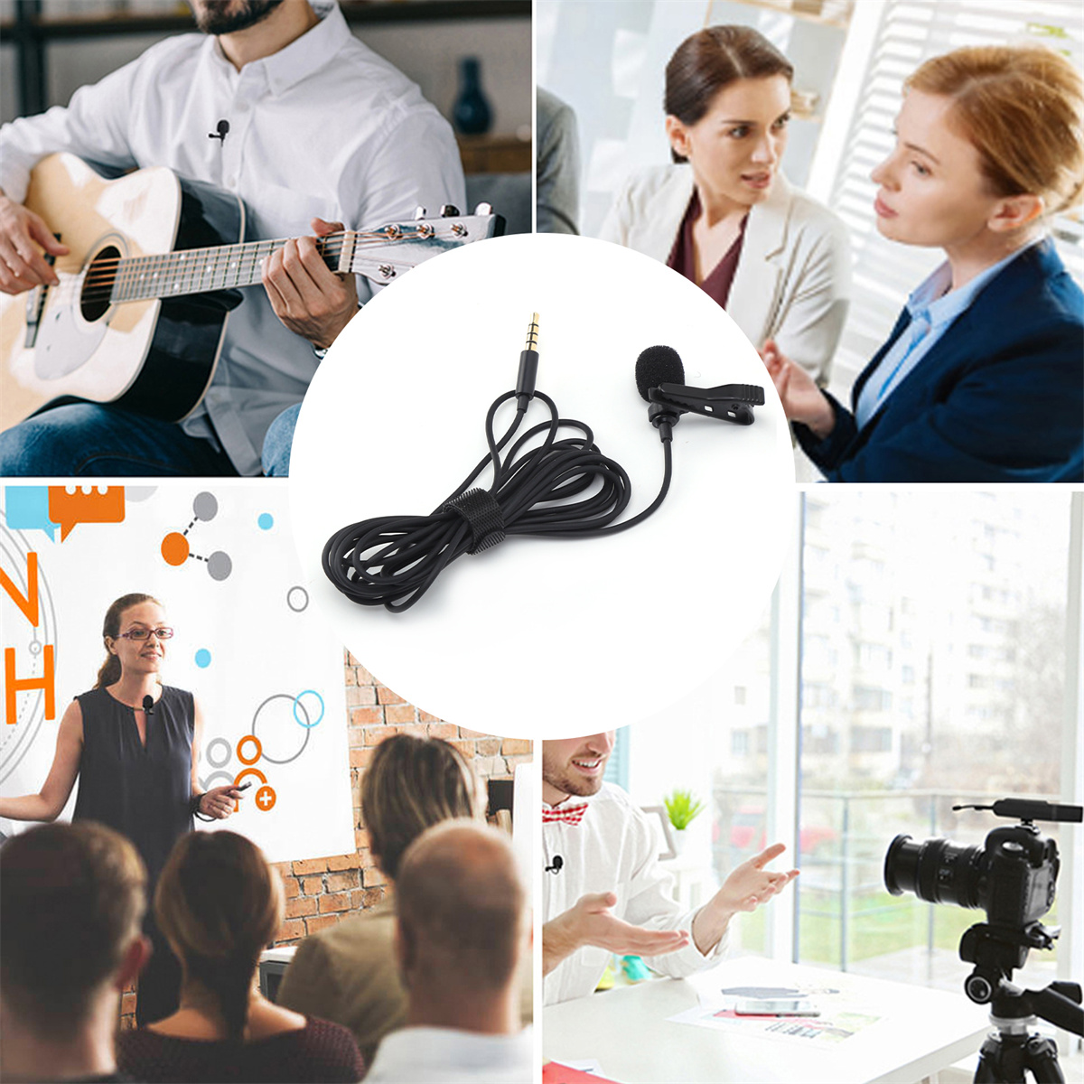 Ein Mikrofon, Kabel und verschiedene Personen in verschiedenen Umgebungen.