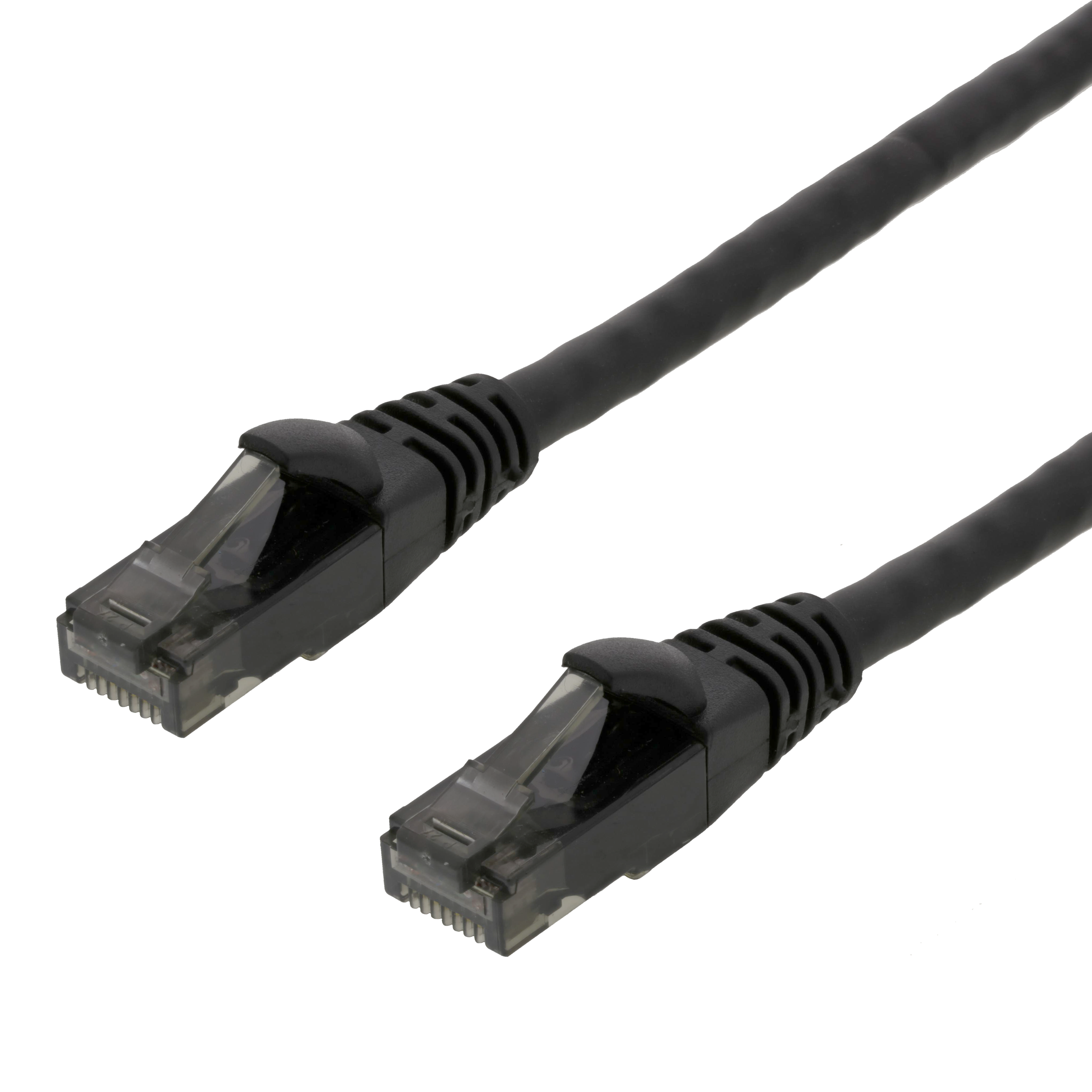 Due cavi Ethernet neri con connettori trasparenti, su sfondo nero.