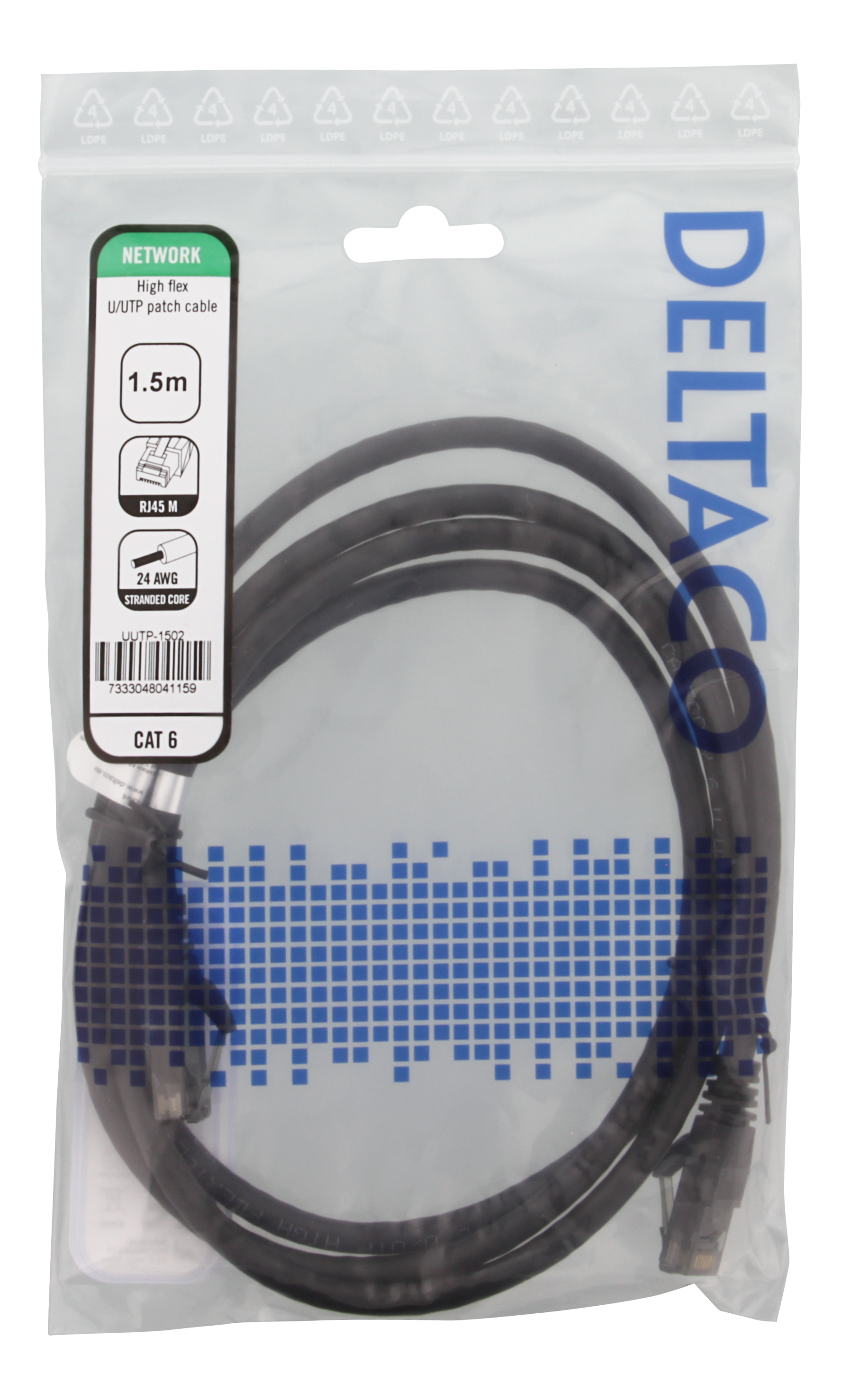 Un sacchetto di plastica trasparente contenente un cavo di rete nero con connettori RJ45.