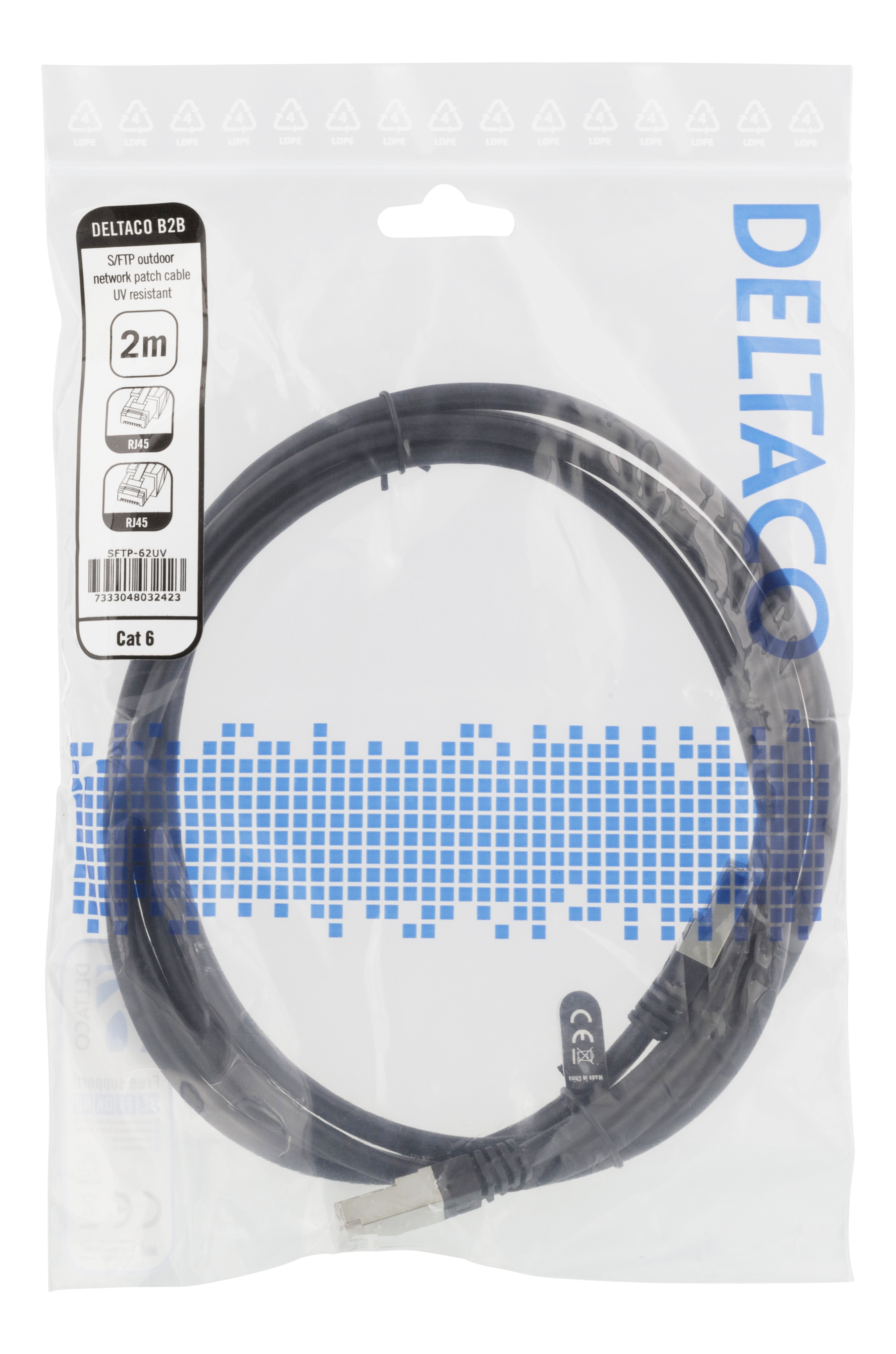 Cavo di rete nero in un sacchetto di plastica trasparente, etichettato 'DELTACCO B2B' e 'Cat 6'.