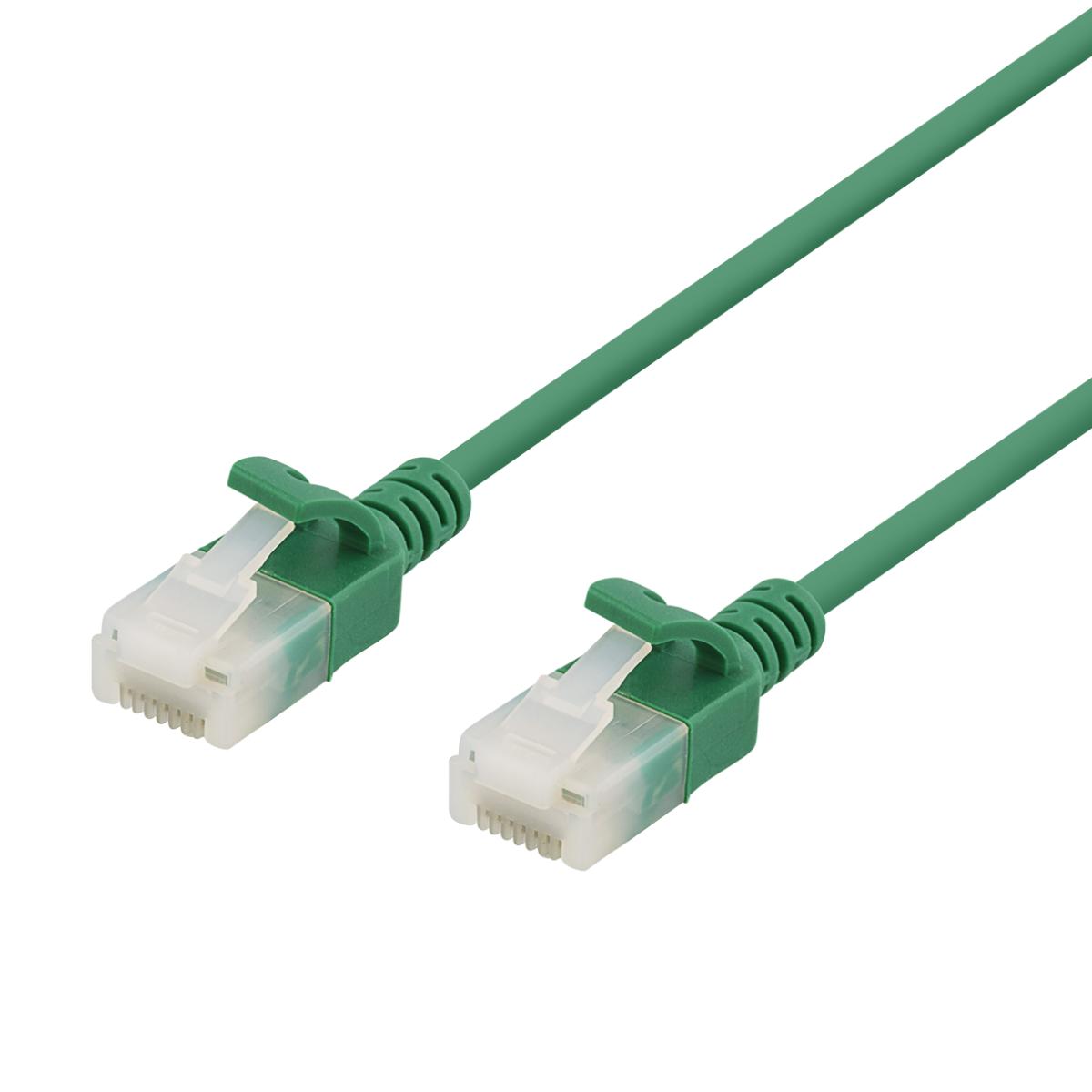 Cavo Ethernet verde con connettori. Il cavo è su sfondo nero.