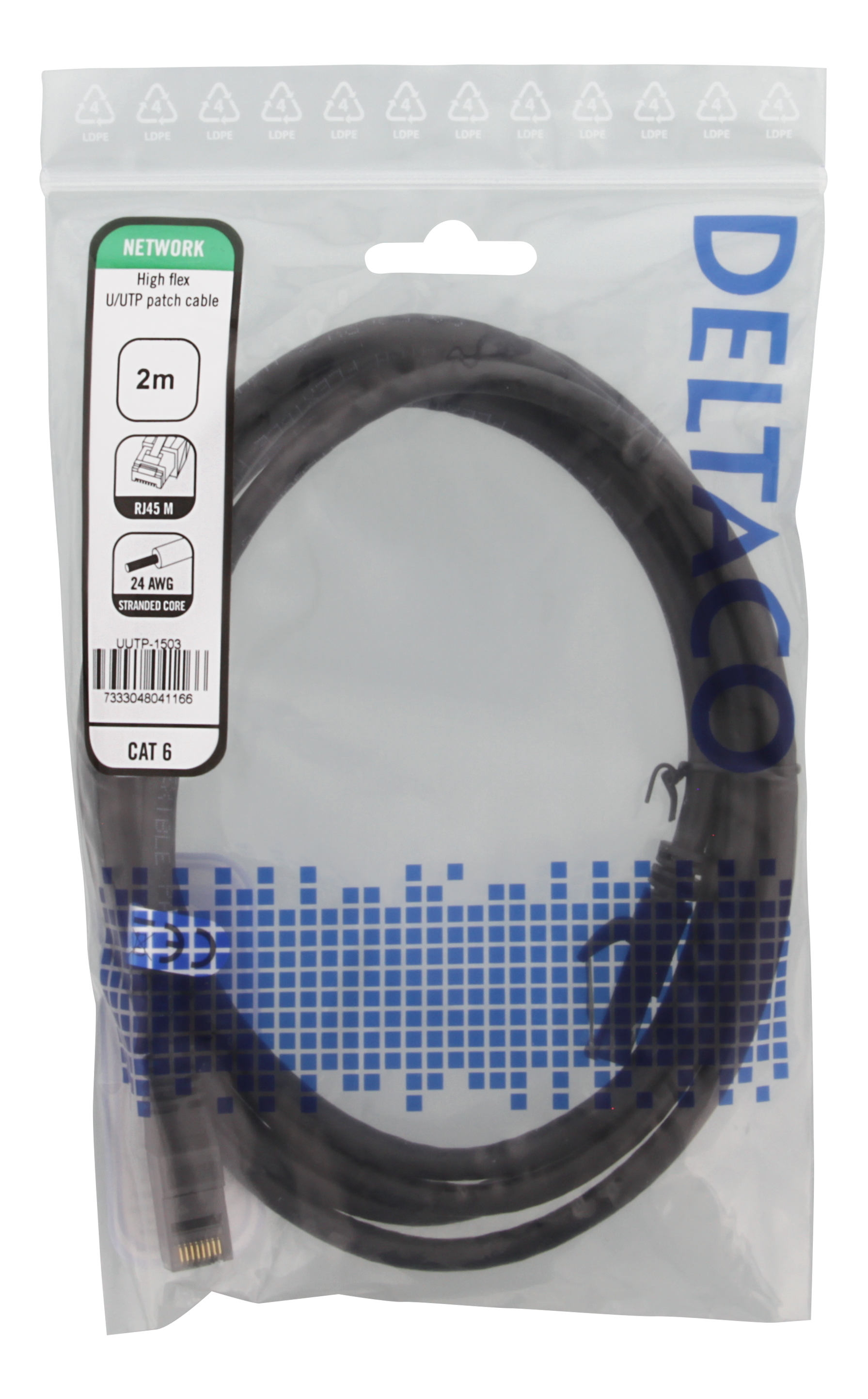 Eine transparente Plastiktüte enthält ein schwarzes U/UTP-Patchkabel. Text und Logo sind vorhanden.