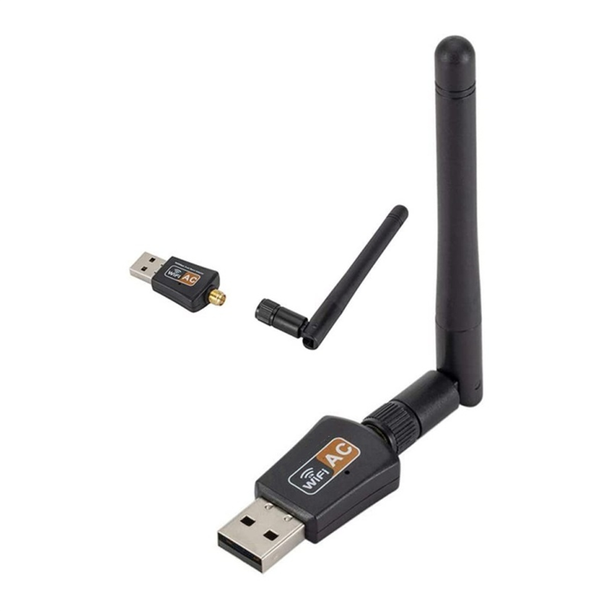 Drei WLAN-Adapter. Einer ist an einen USB-Anschluss angeschlossen, und zwei sind lose mit Antennen.