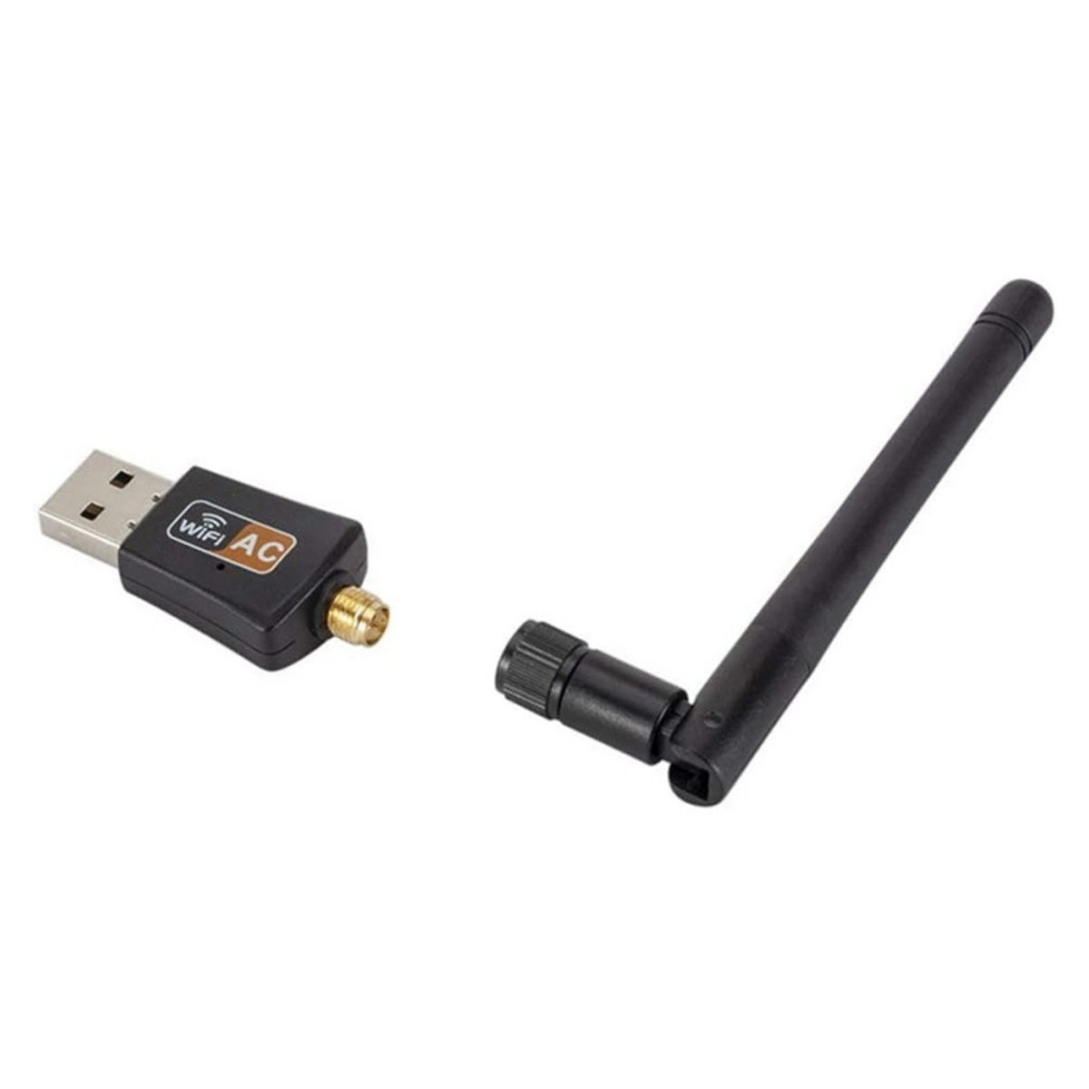 Schwarzer USB-WLAN-Adapter mit Antenne. AC-WLAN-Logo sichtbar.