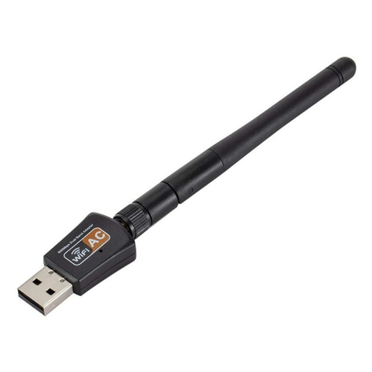 Ein schwarzer USB-WLAN-Adapter mit Antenne. Er befindet sich auf weißem Hintergrund und ist isoliert.